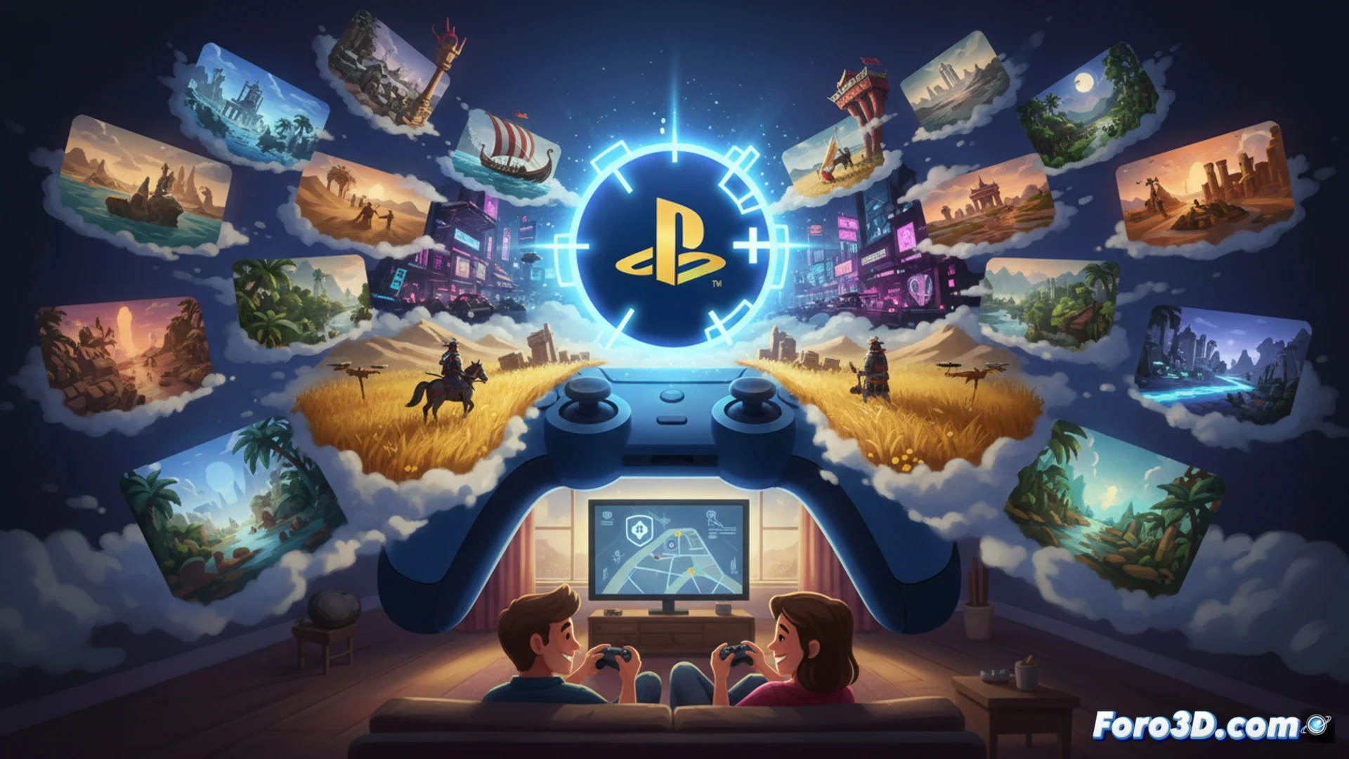 PlayStation Plus subscription screen interface fading into a vast open world landscape with three distinct biomes merging together, showing a Viking longship sailing through fjords while neon-lit cyberpunk skyscrapers rise in the distance and a samurai stands on a misty mountain path, game controller floating in foreground with glowing blue light connecting to the screen, cinematic wide-angle shot, photorealistic game art style, dynamic lighting from sunset sky casting long shadows, particles of light streaming from controller to world, action demonstrating seamless transition between titles, ultra-detailed textures, dramatic atmospheric perspective