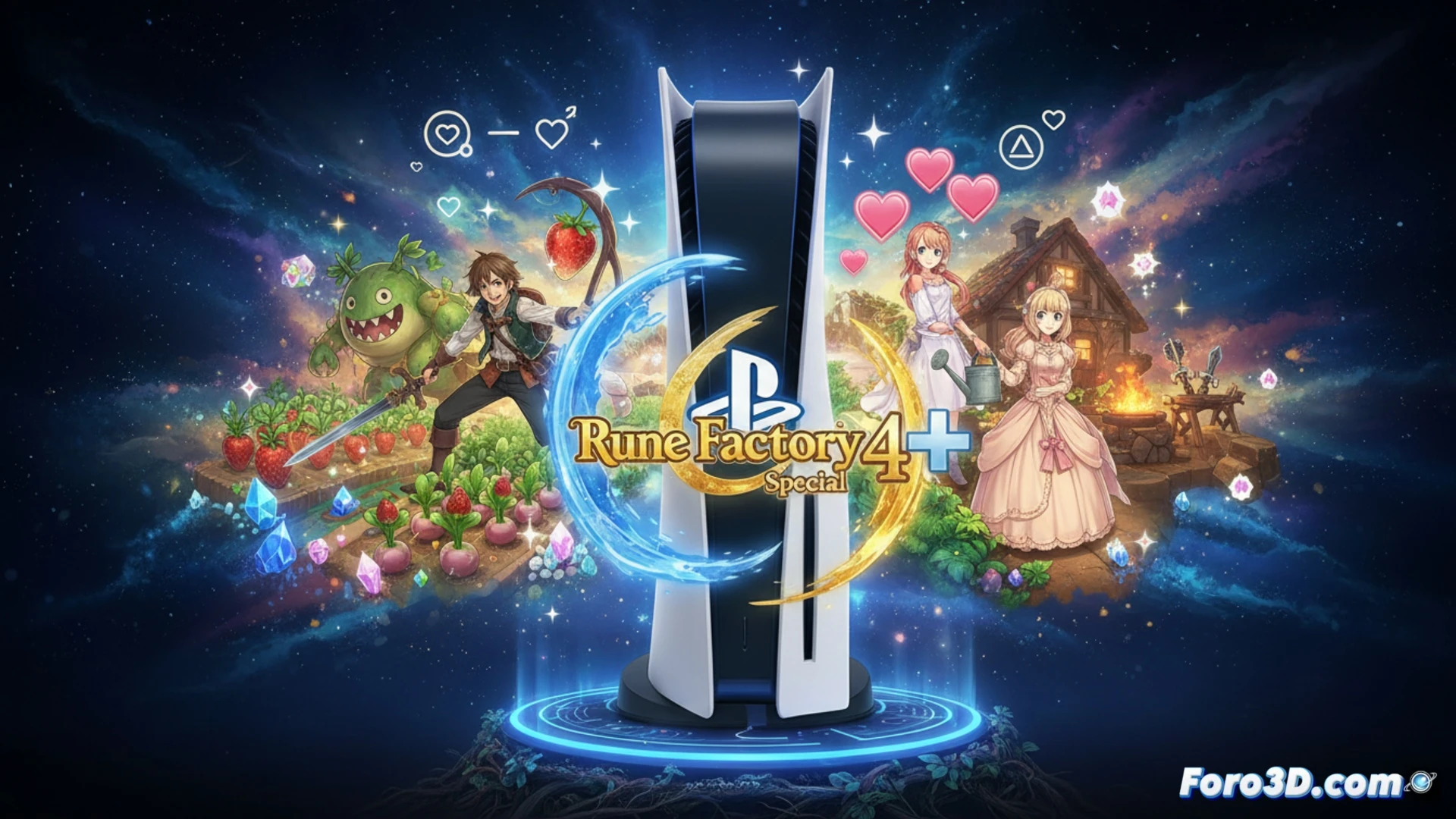 PS5 console glowing blue light on a gaming desk, DualSense controller with thumbsticks tilted while a farmer character swings a watering can over glowing crops, anime-style Rune Factory 4 character in combat stance with a sword beside a crafting bench showing hammer and anvil, PlayStation Plus subscription interface floating as a translucent holographic overlay with game tiles, cinematic technical illustration, dramatic side lighting, metallic console vents, pixel-perfect vegetation, realistic plastic texture on controller, ultra-detailed fantasy armor, photorealistic gaming scene