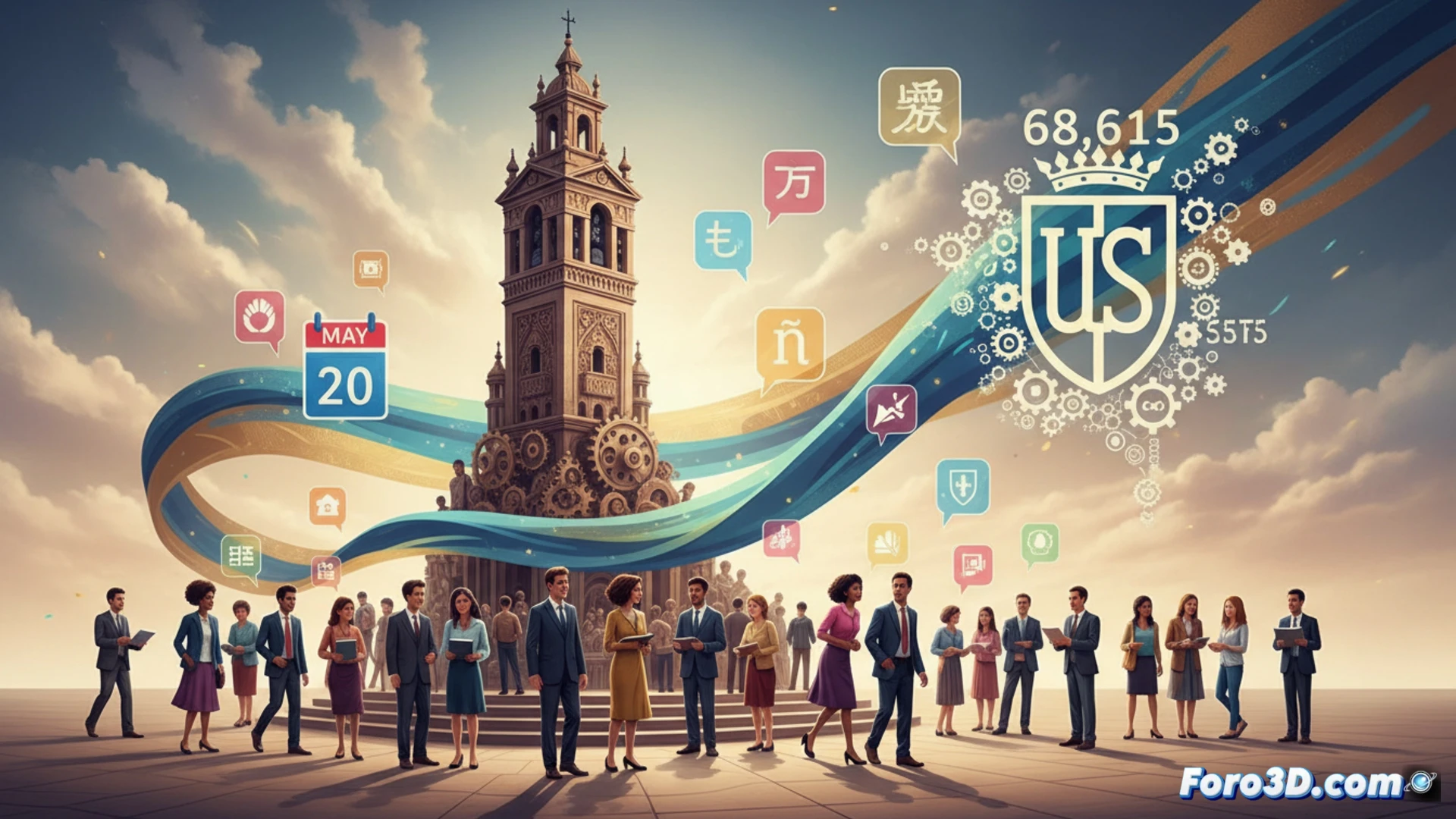Una imagen vibrante del campus de la Universidad de Sevilla, con un cartel digital que muestra 68.615 plazas de idiomas y la fecha límite 20 de mayo; estudiantes diversos sonríen con libros y banderas multilingües.