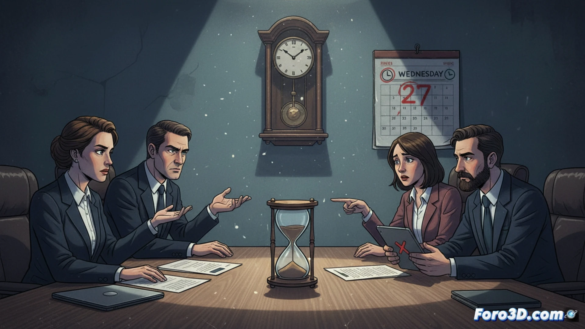 Negotiation table with documents and laptops, union representatives pointing at a large wall clock showing five o’clock, a closed folder titled Propuestas being passed across the table, tension visible in crossed arms and serious expressions, photorealistic technical illustration, cold fluorescent overhead lighting, shallow depth of field focusing on the clock and folder, subtle dust particles in the air, cinematic composition, ultra-detailed textures of paper and fabric, realistic corporate meeting atmosphere