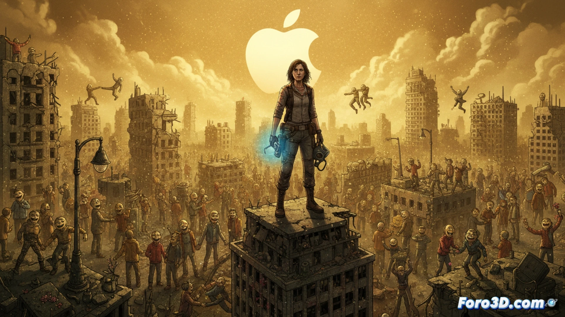 post-apocalyptic city street, a lone woman in protective gear holding a tablet scanning a crowd of smiling people with glowing eyes, their joyful expressions contrasting with cracked pavement and abandoned cars, a drone overhead projecting a holographic data stream showing neural activity spikes, a broken robot arm on the ground emitting green sparks, cinematic photorealistic render, dramatic overcast lighting, dust particles in air, detailed urban decay textures, high-contrast shadows, technical surveillance equipment visible, motion blur on hologram flickering