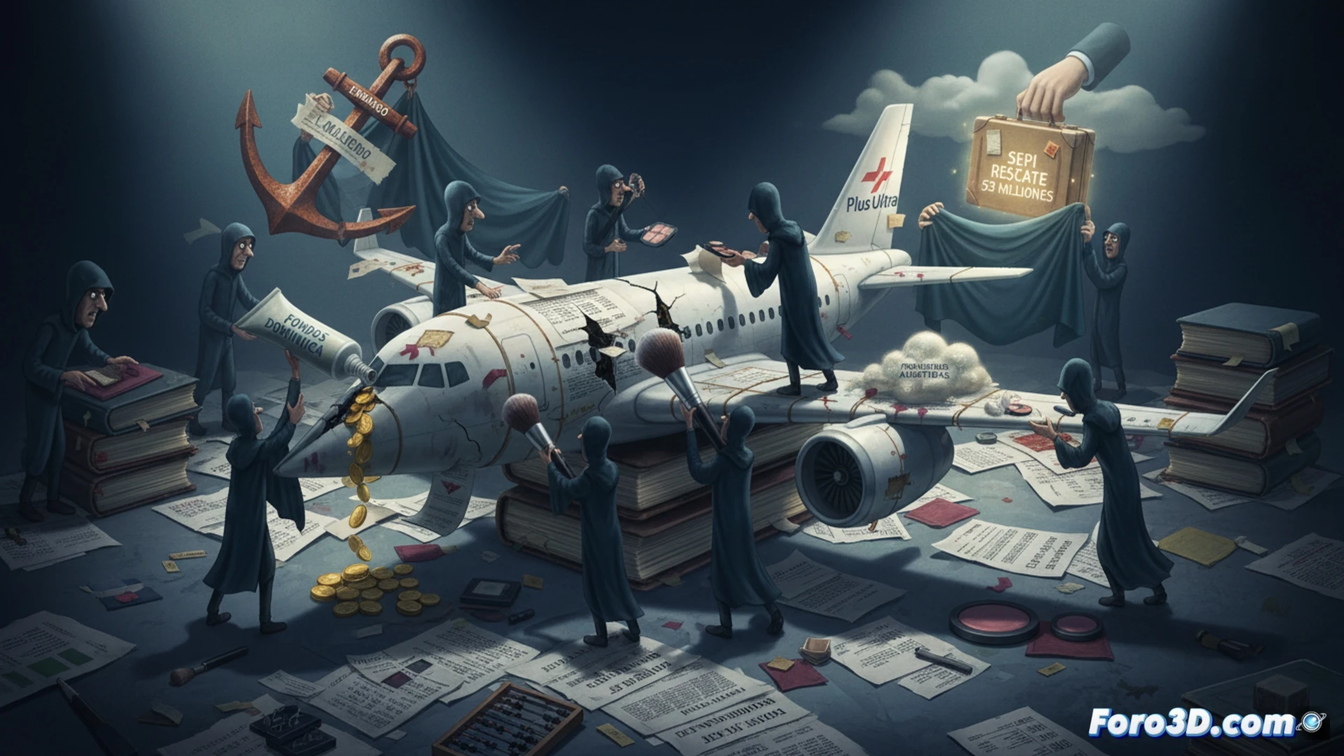 financial document manipulation scene, hands altering balance sheets with red ink, hidden offshore account ledgers from Dominica visible, aircraft seizure papers stacked nearby, calculator showing negative numbers being overwritten to positive, SEPI rescue contract in background, forensic accounting tools like magnifying glass and highlighter on desk, cinematic technical illustration, dramatic overhead lighting casting shadows, photorealistic financial audit visualization, detailed paper textures, ink smudges, deliberate accounting fraud demonstration