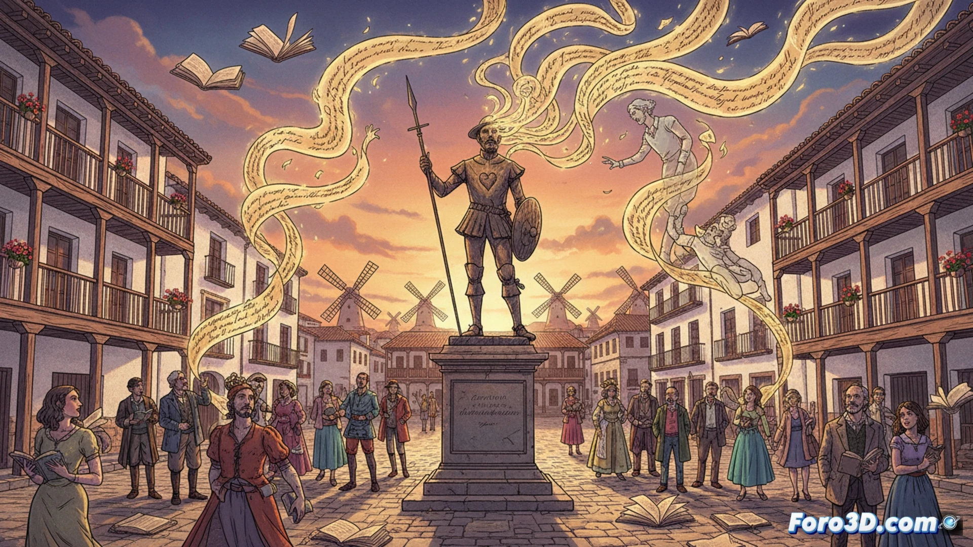 Un poeta lee en un atril bajo la luz de Almagro, con un libro abierto y un Quijote al fondo que conecta siglos.