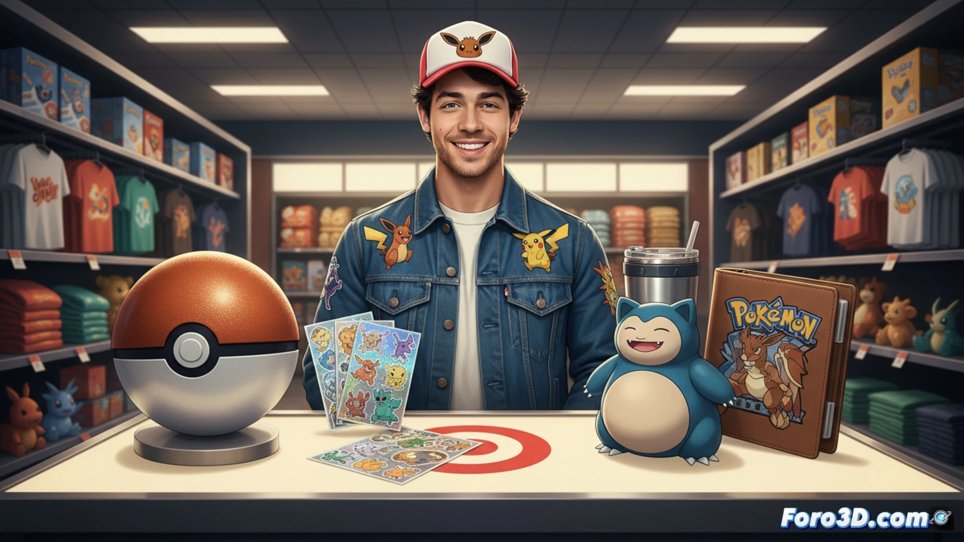 Una vitrina con la chaqueta del 30 aniversario, un balón Poke Ball, un termo de Snorlax y el logo de Target junto a Joe Jonas.