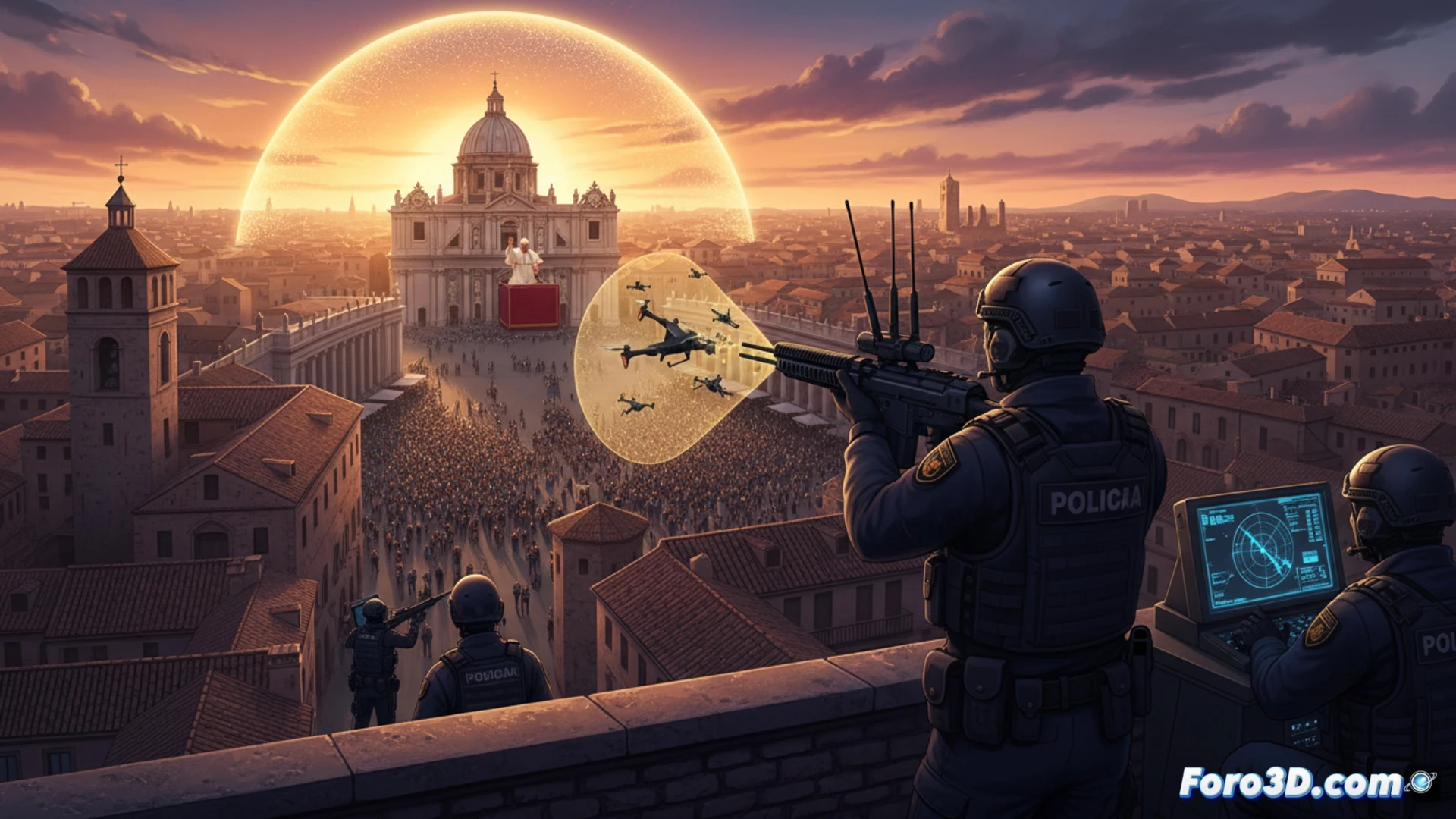 Agentes antidrones en Ciudad Real protegen el cielo papal con sistema avanzado de defensa aérea.