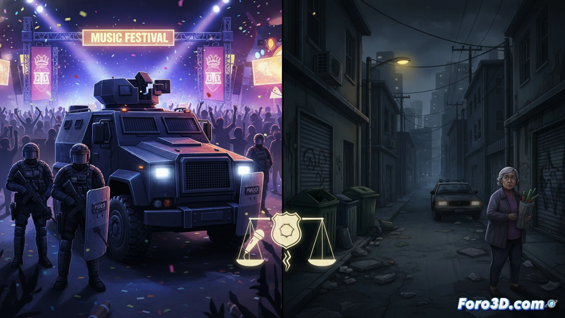 Urban police patrol car driving through empty graffiti-covered street at night, while distant concert arena glows with bright lights and crowds, dashboard computer showing real-time crime alerts and resource allocation map, worn-out asphalt road with faded lane markings, broken streetlights casting uneven shadows, cinematic photorealistic rendering, dramatic contrast between illuminated event zone and neglected neighborhood, police radio antenna on roof, tactical gear visible through open window, motion blur on tires, desaturated urban colors with neon accents, high-detail environmental storytelling