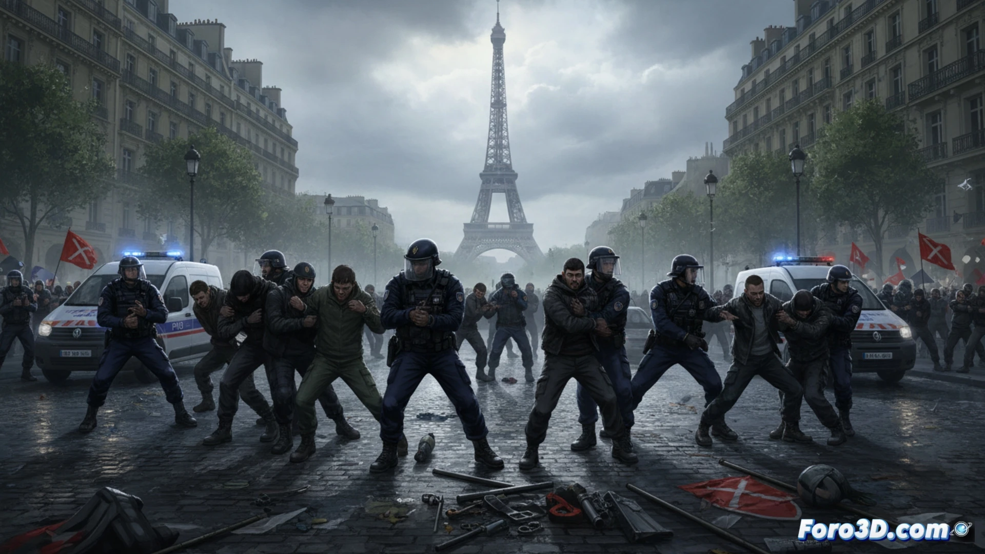 Agentes de la policía de París escoltan a un detenido esposado, mientras otros dos sujetan a un joven con una bandera negra. Al fondo, un grupo de manifestantes con pasamontañas y palos es dispersado frente a un edificio gubernamental.