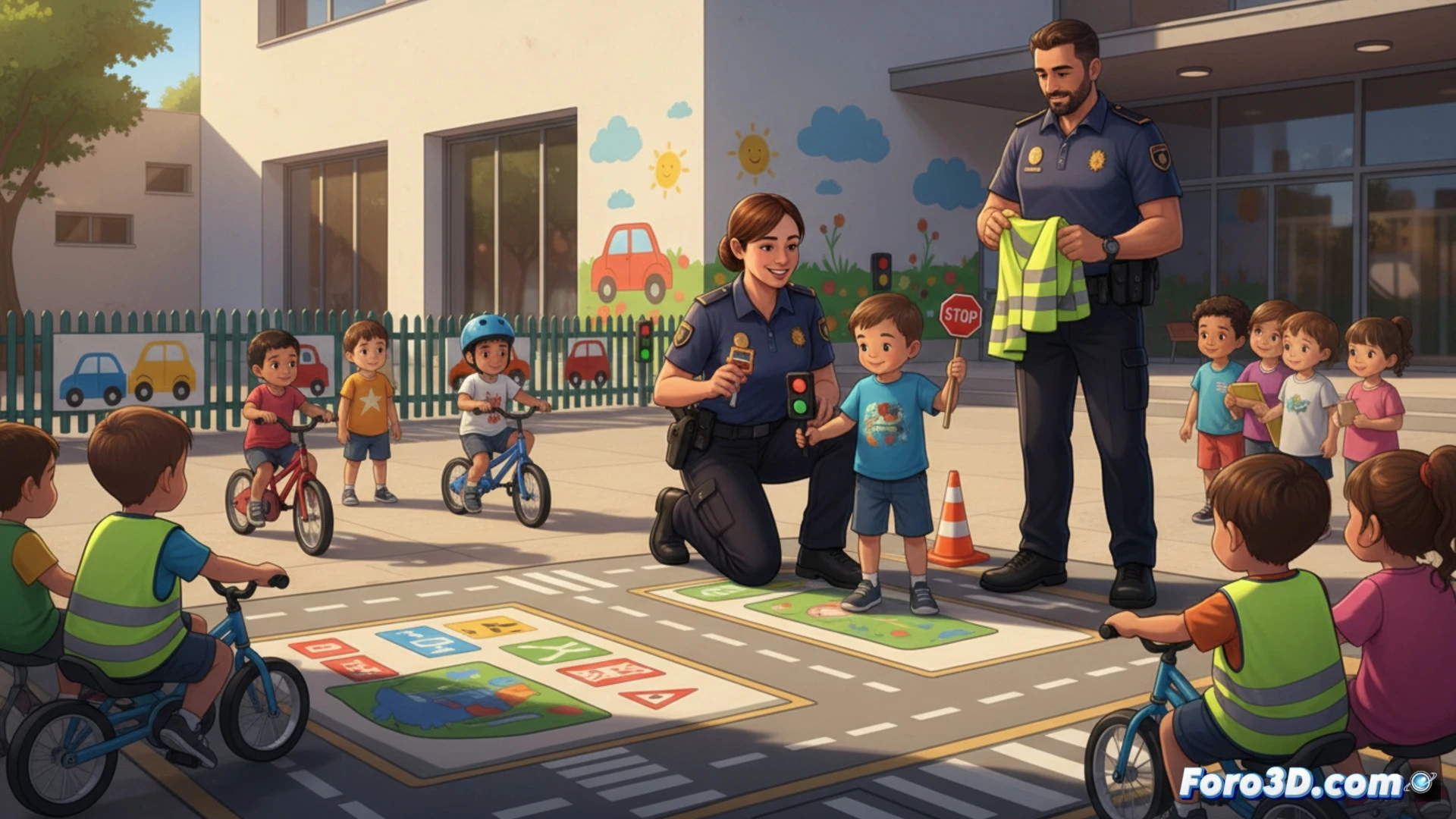Agentes de la Policía Local de Andratx enseñan vialidad a niños con material real en la escoleta Sol d'Andratx.