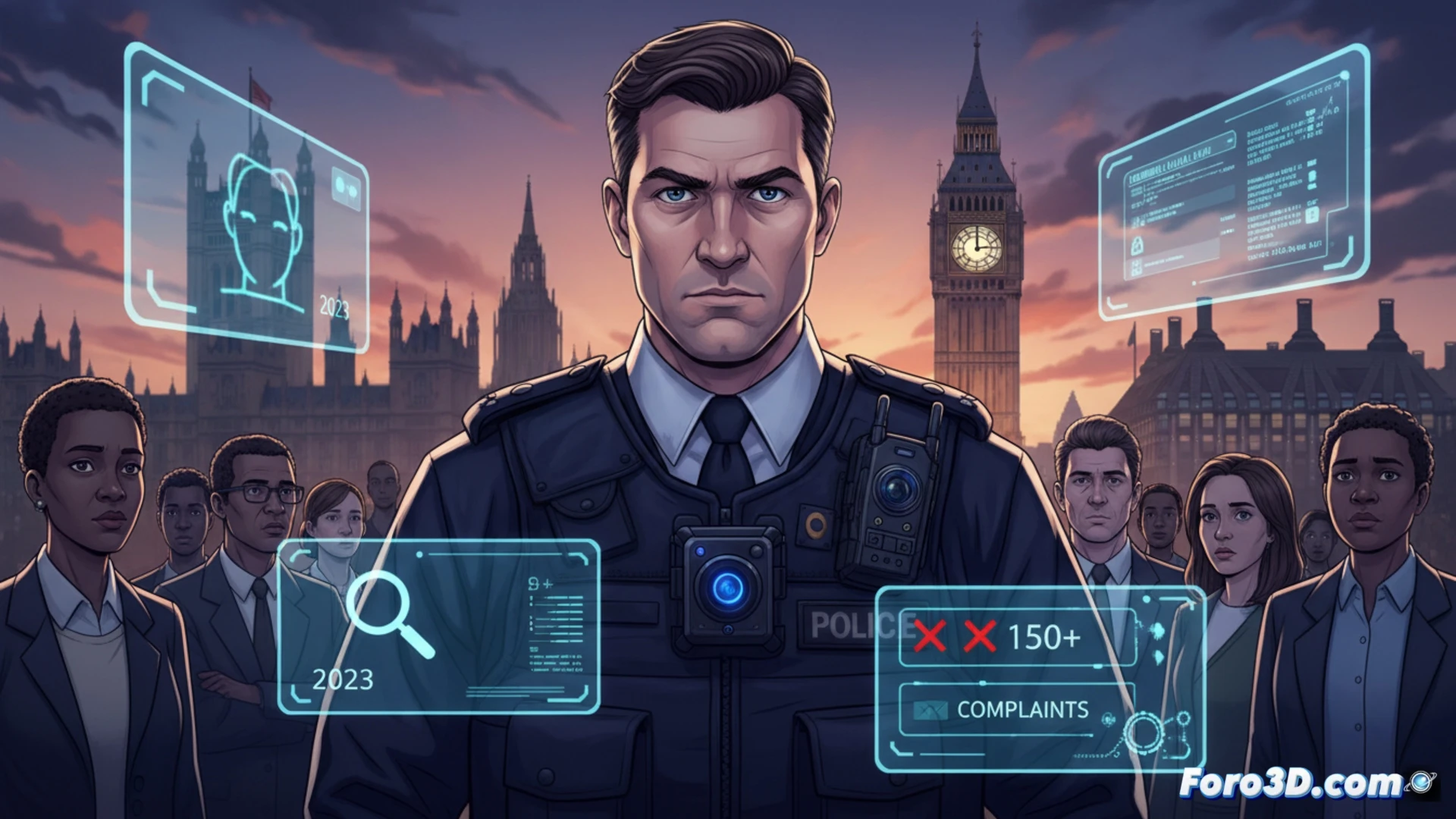 London police officer wearing body camera on chest, camera LED glowing red indicating recording, officer adjusting camera angle while looking at a smartphone displaying a live feed of the footage, second officer nearby holding a tablet showing a dashboard with video files and timestamps, procedural action of reviewing footage on mobile device, photorealistic technical illustration, dark blue police uniform, urban street background with blurred buildings, subtle lens flare from streetlamp, high detail on camera hardware and screen UI, realistic skin texture and fabric folds, cinematic lighting with shadows