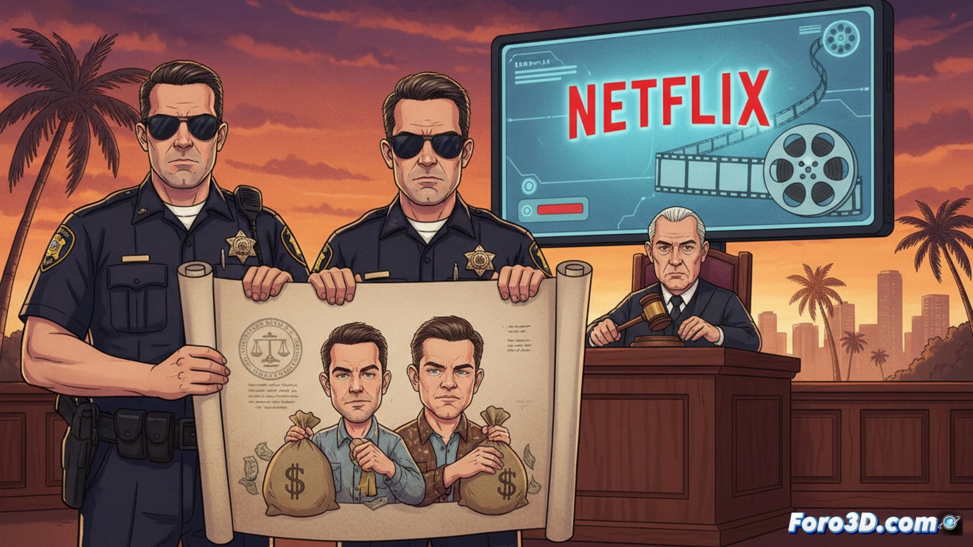 Un juzgado con dos policías señalando una pantalla de Netflix donde Affleck y Damon sonríen.