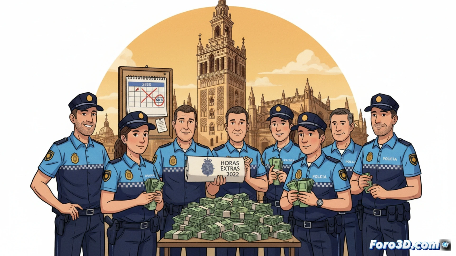 Un policía local de Sevilla sonríe al recibir un sobre con dinero, con el estadio de fútbol al fondo y un reloj marcando cuatro años.