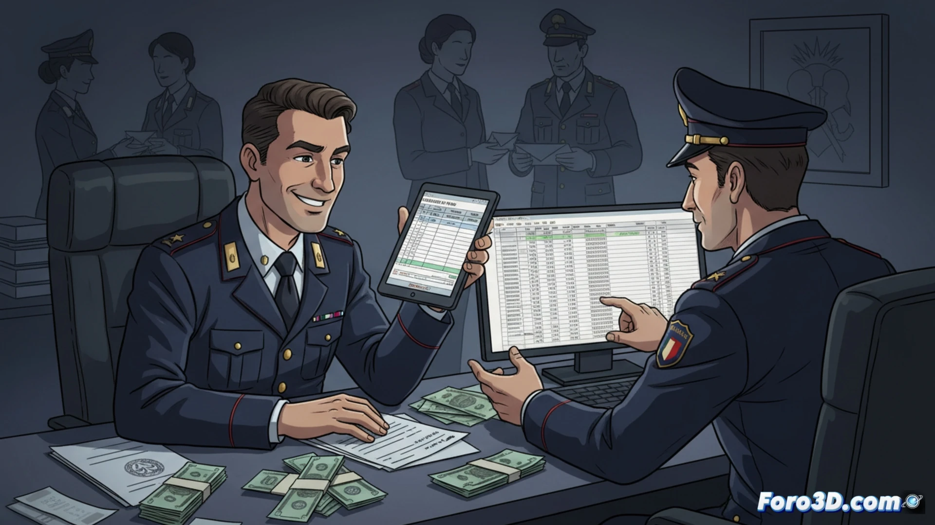 Un monitor muestra un archivo Excel con precios junto a una placa policial, billetes y una base de datos.