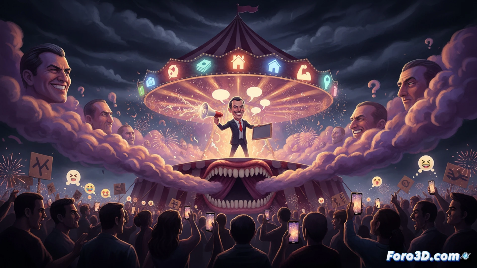 candidate standing at a podium during a televised debate, mouth open mid-sentence while a digital timer counts down from 30 seconds, holographic speech bubbles above the audience popping like soap bubbles, empty script pages flying away from the podium, camera drones with red recording lights circling, audience members holding smartphones displaying only emoji reactions, stage lights casting harsh shadows, photorealistic cinematic political stage set, metallic podium with embedded LED screens showing spinning hourglasses, shallow depth of field focusing on the candidate s empty hands gesturing, smoke machine haze creating ephemeral clouds around the stage