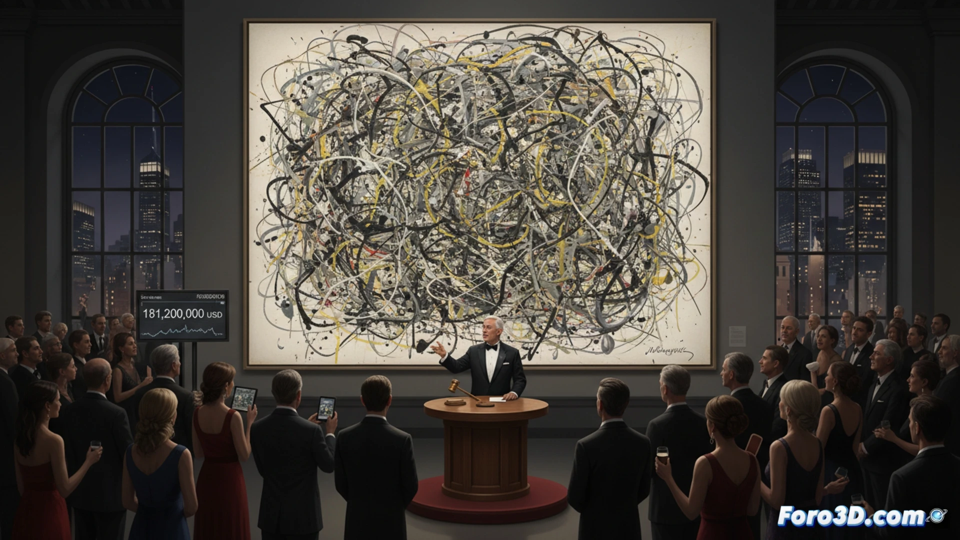 Jackson Pollock studio scene, large horizontal canvas on floor, artist mid-action splattering paint with stick and dripping can, oil paint webs covering three-meter surface, chaotic layered motion trails, splashes suspended mid-air, studio light casting shadows over wet glossy paint, wooden floor splattered with multicolored drops, technical illustration style, photorealistic detail, high contrast dramatic lighting, capturing energetic creation process of abstract expressionist masterpiece