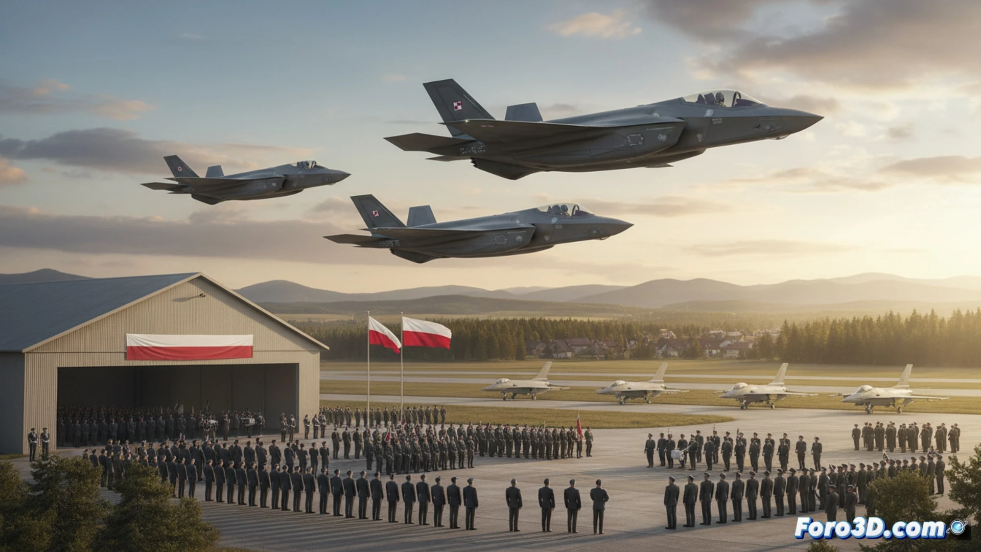 Three F-35 fighter jets in formation over a snowy Polish airbase, landing gear deploying during descent onto runway at Lask Air Base, ground crew in winter gear signaling with illuminated wands, runway lights reflecting on wet tarmac, hangars with NATO markings in background, dramatic overcast sky with low clouds, photorealistic military aviation photography style, sharp focus on leading aircraft’s stealth surfaces, engine exhaust creating heat haze, wingtip vortices visible, ultra-detailed metallic panels and air intakes, cinematic lighting with cold blue tones, high contrast between dark aircraft and bright snow, technical precision render