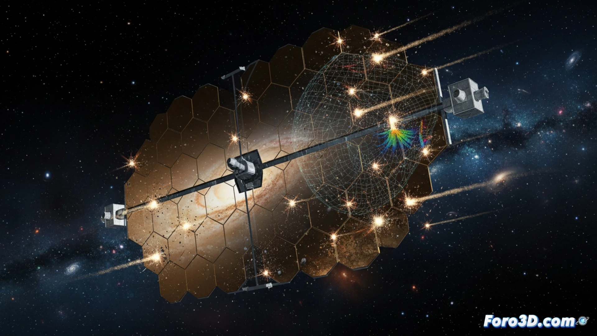 Simulación 3D de impacto de polvo cósmico en lente de telescopio espacial, mostrando erosión superficial y deformación del sensor óptico.