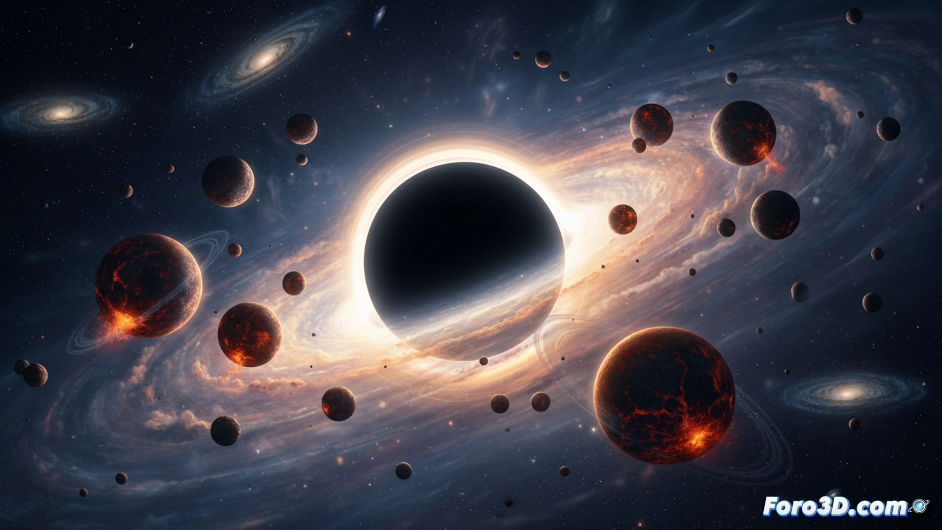 agujero negro supermasivo rodeado por un denso disco de polvo y gas en espiral, fragmentos rocosos incandescentes fusionándose en planetas dentro del anillo, potentes chorros de energía emergiendo del centro, mientras partículas brillantes chocan y se aglutinan, simulación astrofísica en tiempo real, visualización técnica de acreción planetaria, estilo cinematográfico con iluminación cósmica dramática, colores de nebulosa profunda, texturas polvorientas detalladas, render fotorrealista de alta resolución