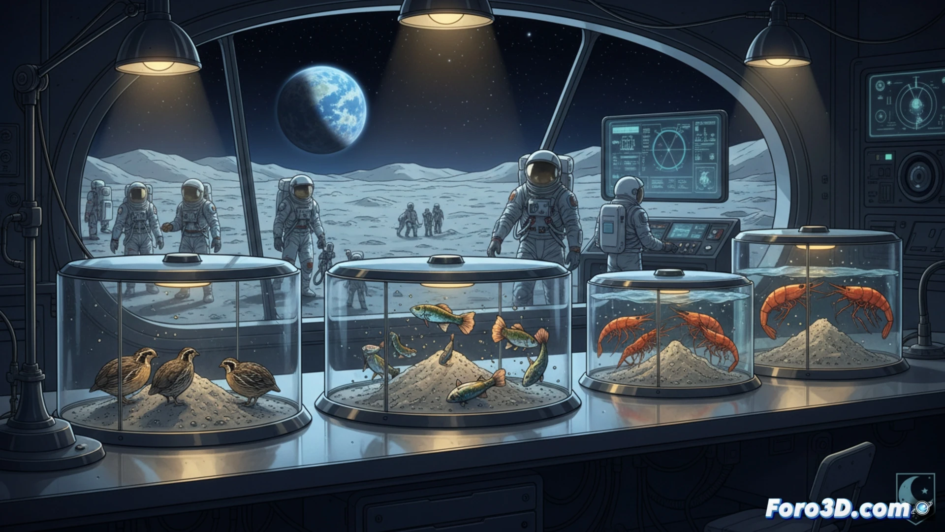 Un laboratorio con polvo lunar sobre una mesa, junto a peceras con guppys y cucarachas en frascos de vidrio.