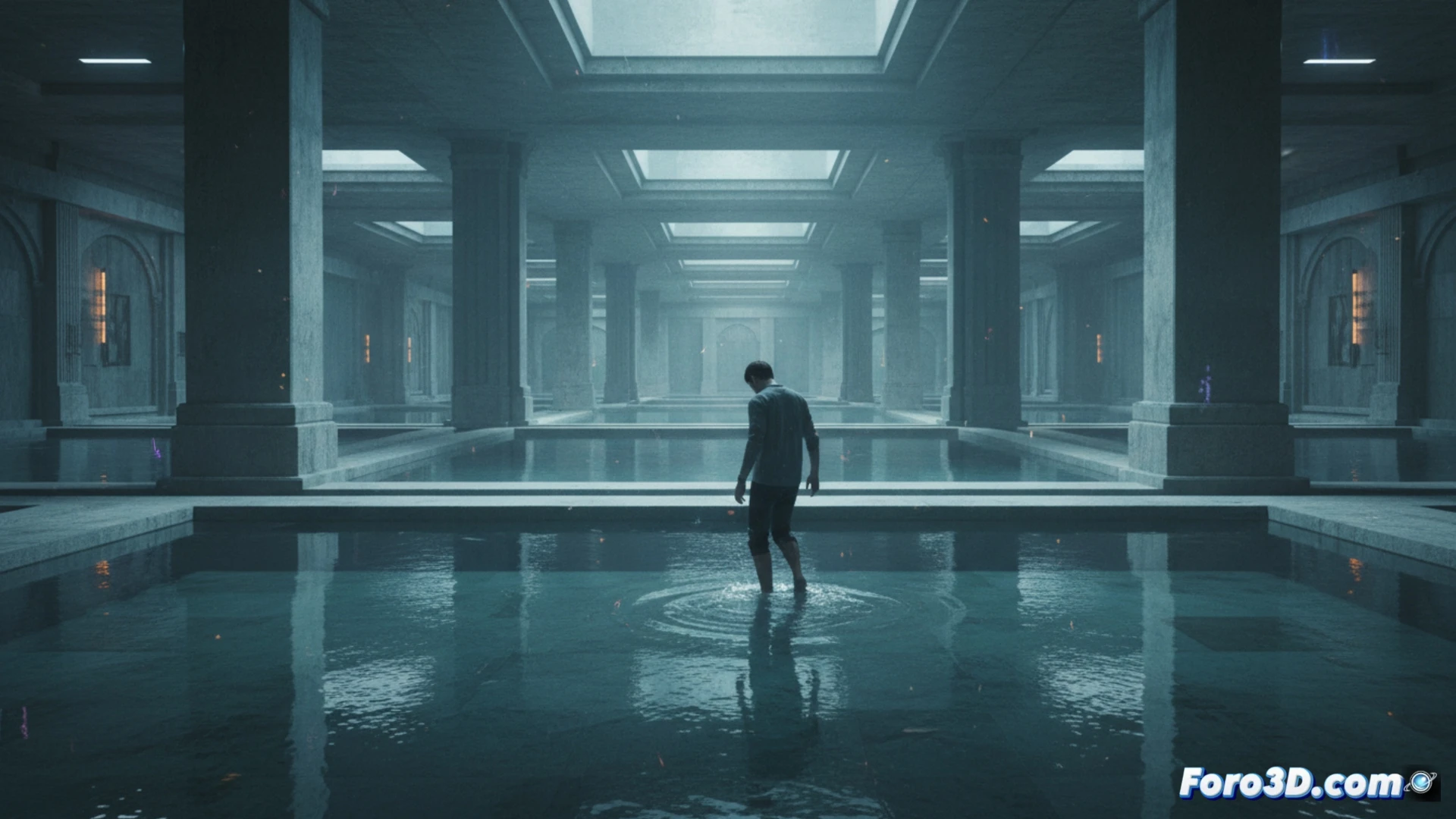 liminal indoor pool corridor with shallow water reflecting fluorescent ceiling lights, a lone figure walking slowly through ankle-deep water, ripples spreading across the surface, endless tiled passage receding into darkness, no visible threats or enemies, concrete pillars and exposed pipes along walls, subtle fog at floor level, cold blue-green lighting, photorealistic architectural visualization, tension conveyed through stillness and empty space, ultra-detailed wet floor textures, cinematic wide-angle composition, hyperrealistic render