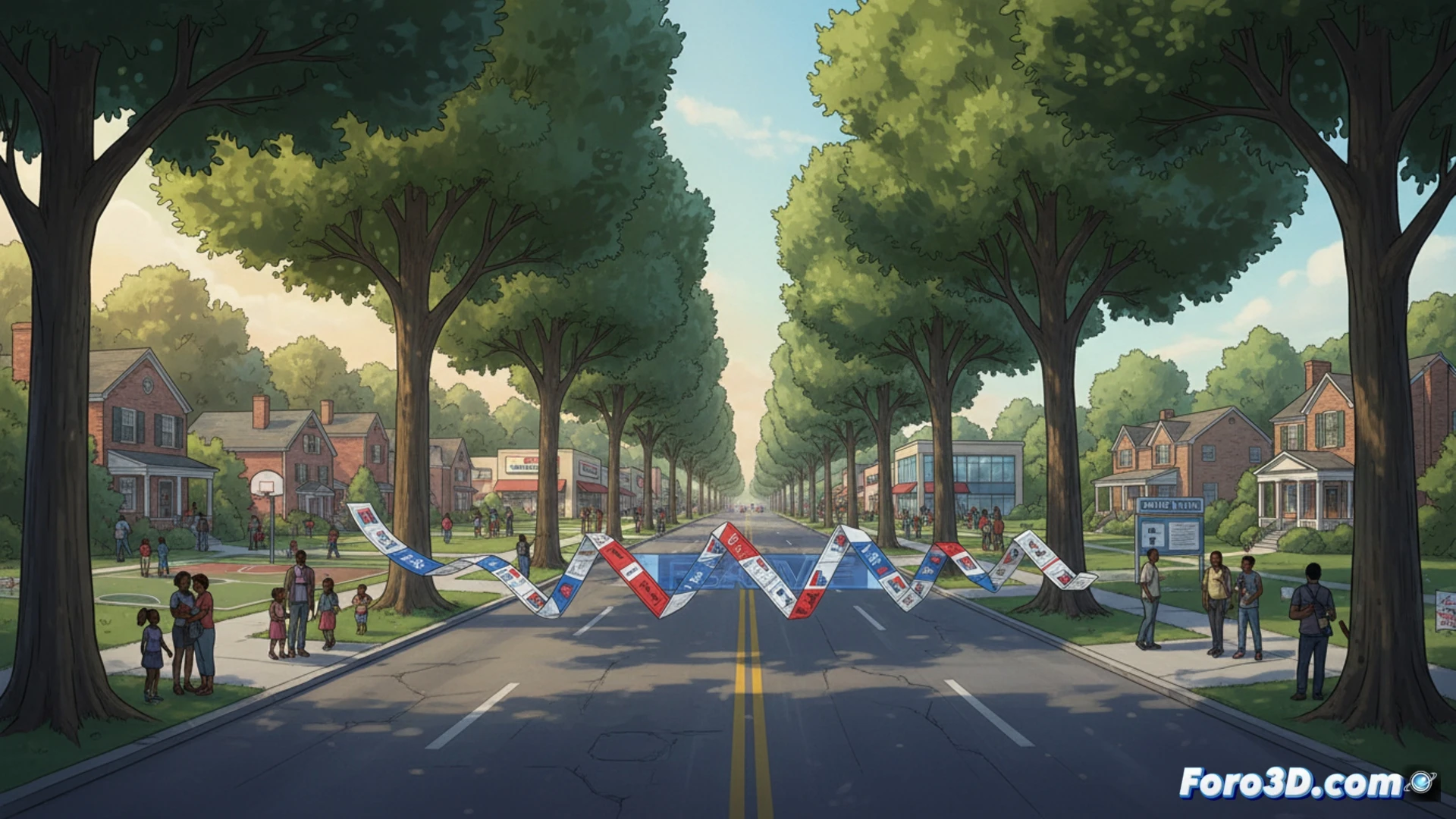 Una vista aérea de Poplar Avenue en Memphis, una larga línea recta que divide la ciudad en tres secciones. A la izquierda, un barrio residencial con casas y árboles; al centro, la avenida con tráfico; a la derecha, una zona más urbana con edificios. Un mapa superpuesto muestra tres distritos congresionales de colores distintos (rojo, azul, verde) separados por la avenida, con flechas que indican la división de la comunidad negra.
