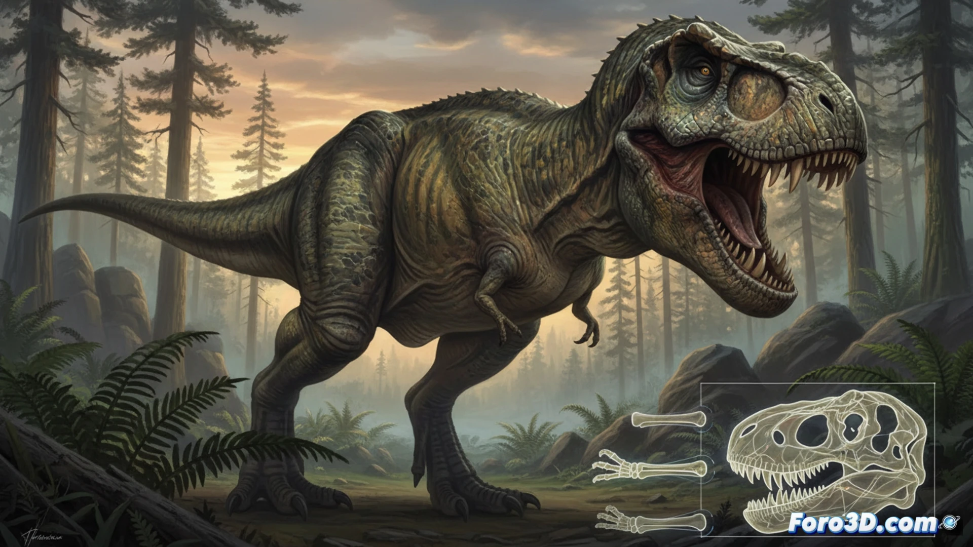 Tyrannosaurus rex in mid-strike, massive skull with exposed teeth clamping down on a horned herbivore, front limbs tiny and folded against chest while powerful jaw muscles bulge, evolutionary diagram overlay showing 85 teropod species skull size progression from small to massive, biomechanical arrows indicating bite force vectors from skull to prey, cinematic engineering visualization, dramatic prehistoric lighting with dust particles, photorealistic paleontology render, detailed bone and muscle texture, action sequence frozen in time