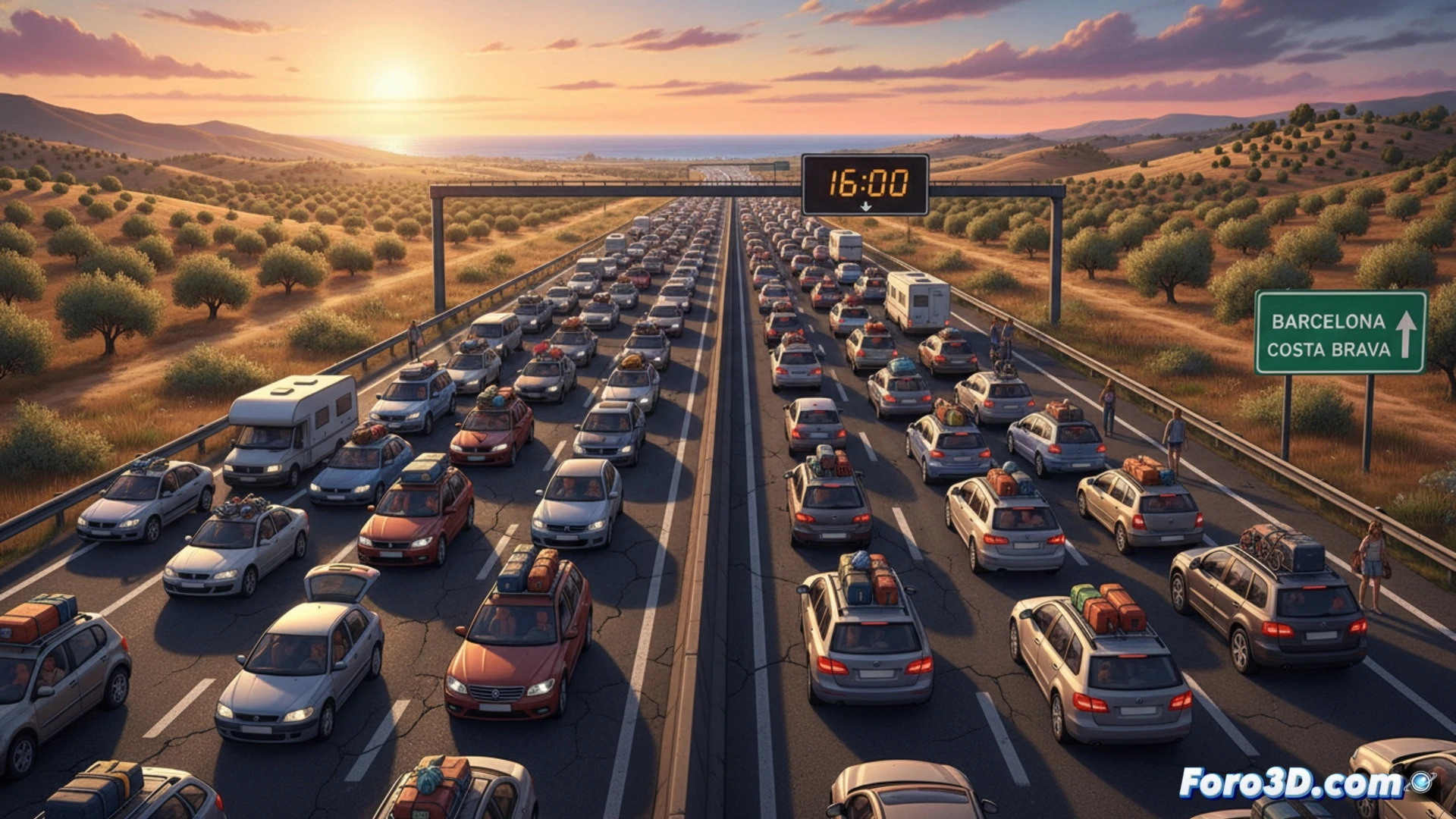 Autopista AP-7 congestionada a las 4 PM de un viernes de verano, vista aérea inclinada, docenas de coches detenidos en fila densa bajo sol intenso, humo de asfalto caliente elevándose, conductores con ventanillas bajadas y gestos de frustración, aire acondicionado goteando desde vehículos, un reloj digital en el tablero de un coche marcando las 16:00, líneas de tráfico estáticas formando un embudo de 20 kilómetros hacia la costa, infraestructura vial saturada con puentes y señales reflectantes, estilo cinematográfico hiperrealista, iluminación dorada de tarde, polvo suspendido, sensación de calor y parálisis colectiva, render técnico de ingeniería de tráfico.