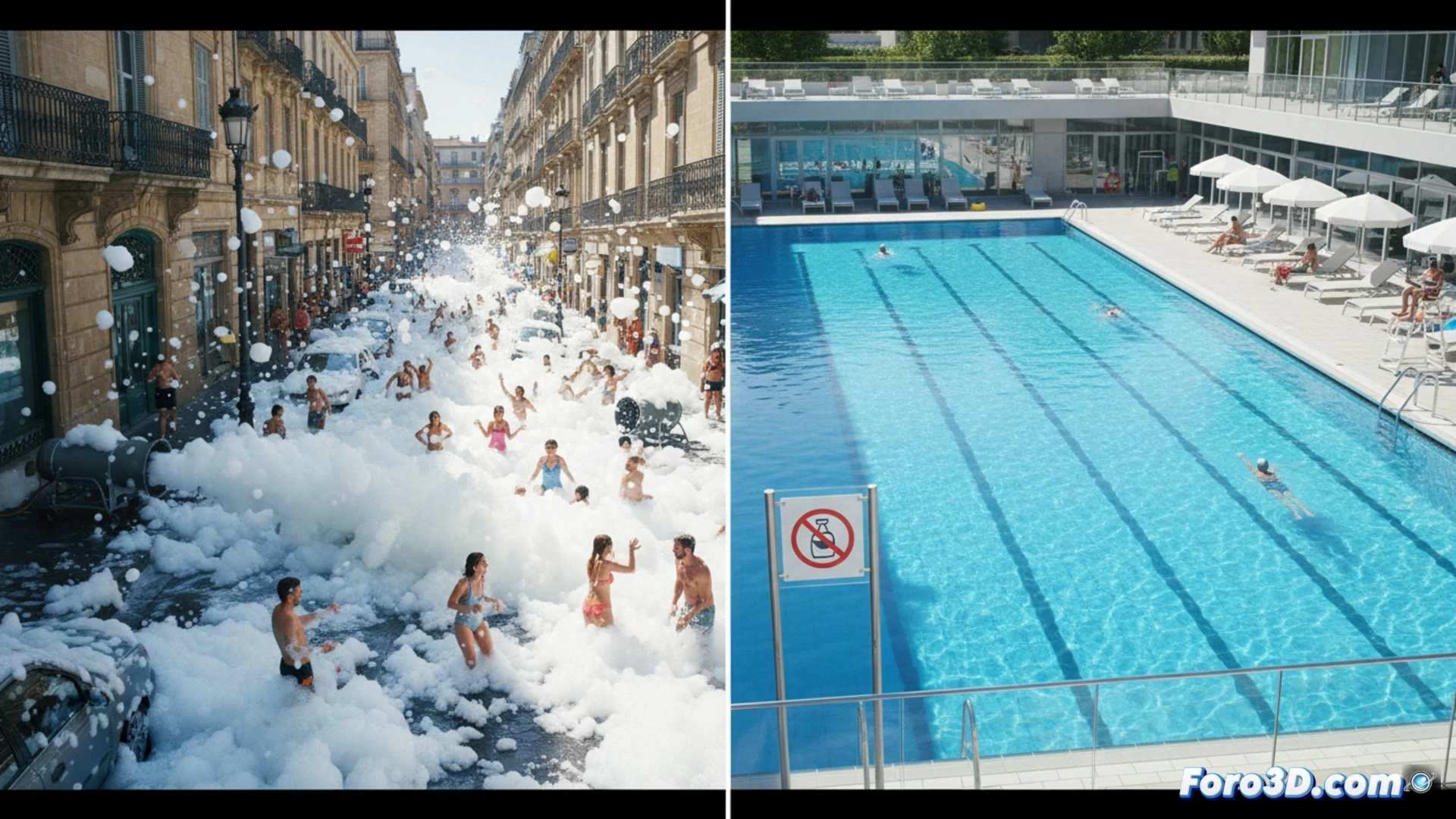 Aerial view of a city street during a foam party, thick white foam overflowing sidewalks and engulfing parked cars and trees, while in the background a pristine municipal pool shows clear blue water and strict boundary lines, foam generation machine with visible nozzle spraying excess foam into the street, pool filtration system visible through transparent wall section showing clean water circulation, contrasting urban chaos versus controlled design, cinematic engineering visualization, photorealistic technical render, dramatic sunlight highlighting foam texture and pool clarity, ultra-detailed mechanical components