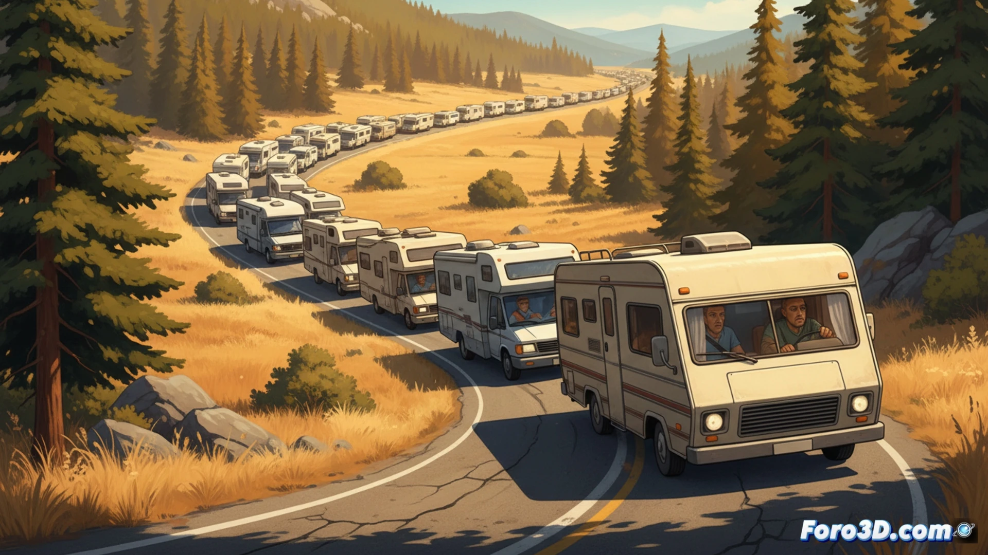 two-lane mountain road during summer traffic jam, long line of caravans and RVs moving slowly at 30 km/h, one caravan crossing the center line while taking a sharp curve, frustrated driver in a compact car behind them gripping steering wheel, asphalt heat haze rising, brake lights glowing, dusty roadside vegetation, cinematic summer lighting with harsh sun and long shadows, photorealistic road scene, wide-angle lens capturing the queue stretching into the distance, motion blur on caravan wheels, realistic reflections on windshields, technical driving scenario demonstrating traffic bottleneck formation