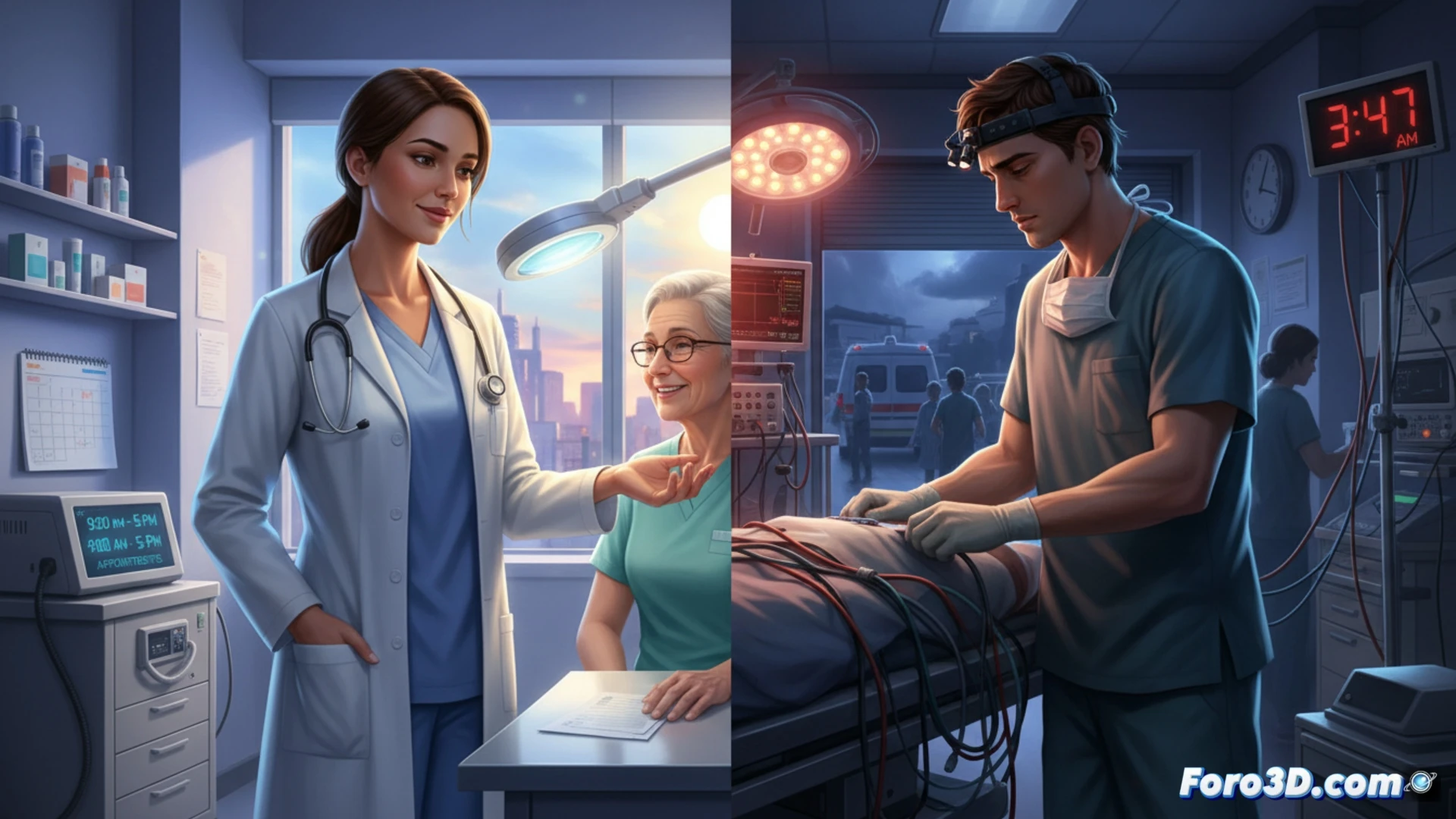 Joven médico con bata blanca sonríe frente a clínica dermatológica, dejando atrás urgencias.