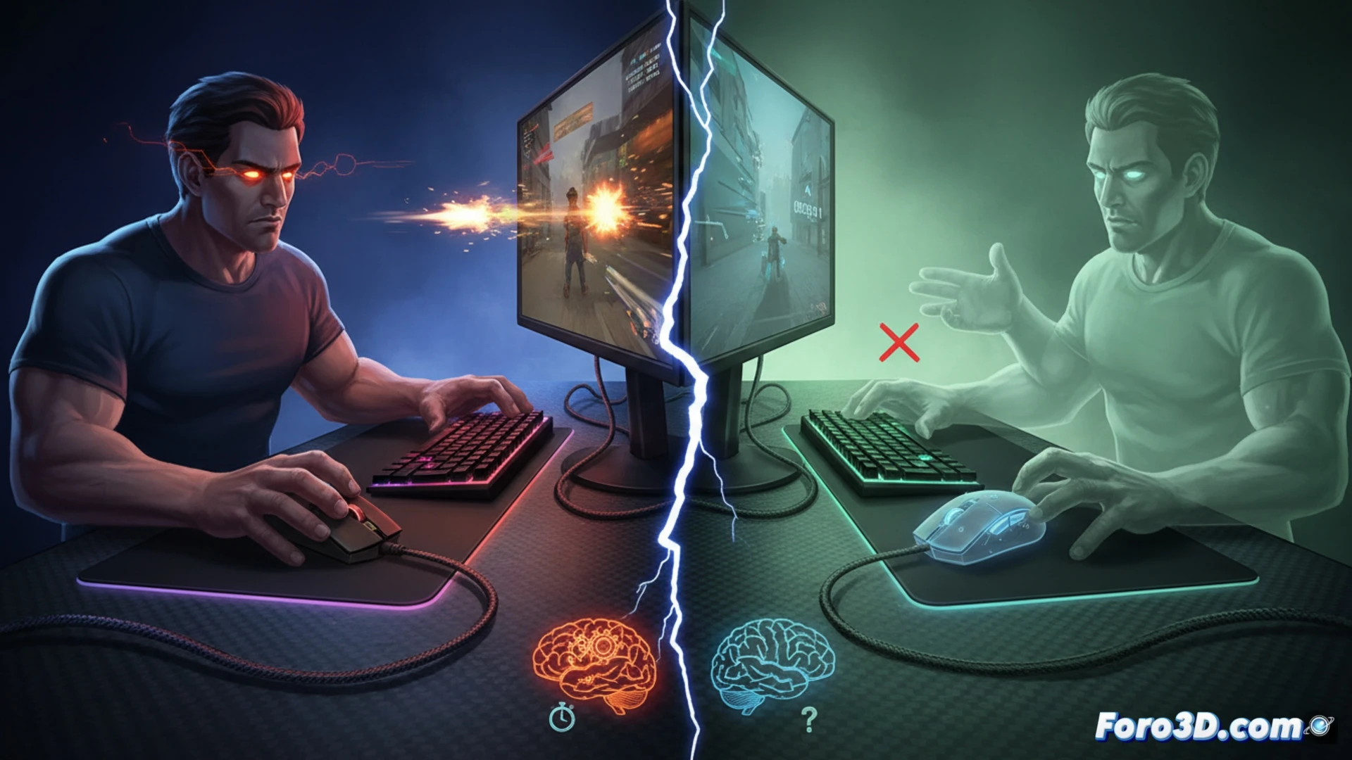professional esports player gripping a wired gaming mouse with tense fingers, rapid mouse movement across a textured mousepad during a high-stakes tournament match, close-up shot showing the braided cable curving under tension, RGB keyboard and monitor glow reflecting on the player's hand, latency test overlay visualization with microsecond timers and signal waveform graphs, comparison inset showing wireless signal interference from nearby devices, sweat droplets on the mouse surface, cinematic photorealistic technical illustration, dramatic blue and red lighting, shallow depth of field, ultra-detailed mouse sensor lens and USB connector, competitive gaming atmosphere