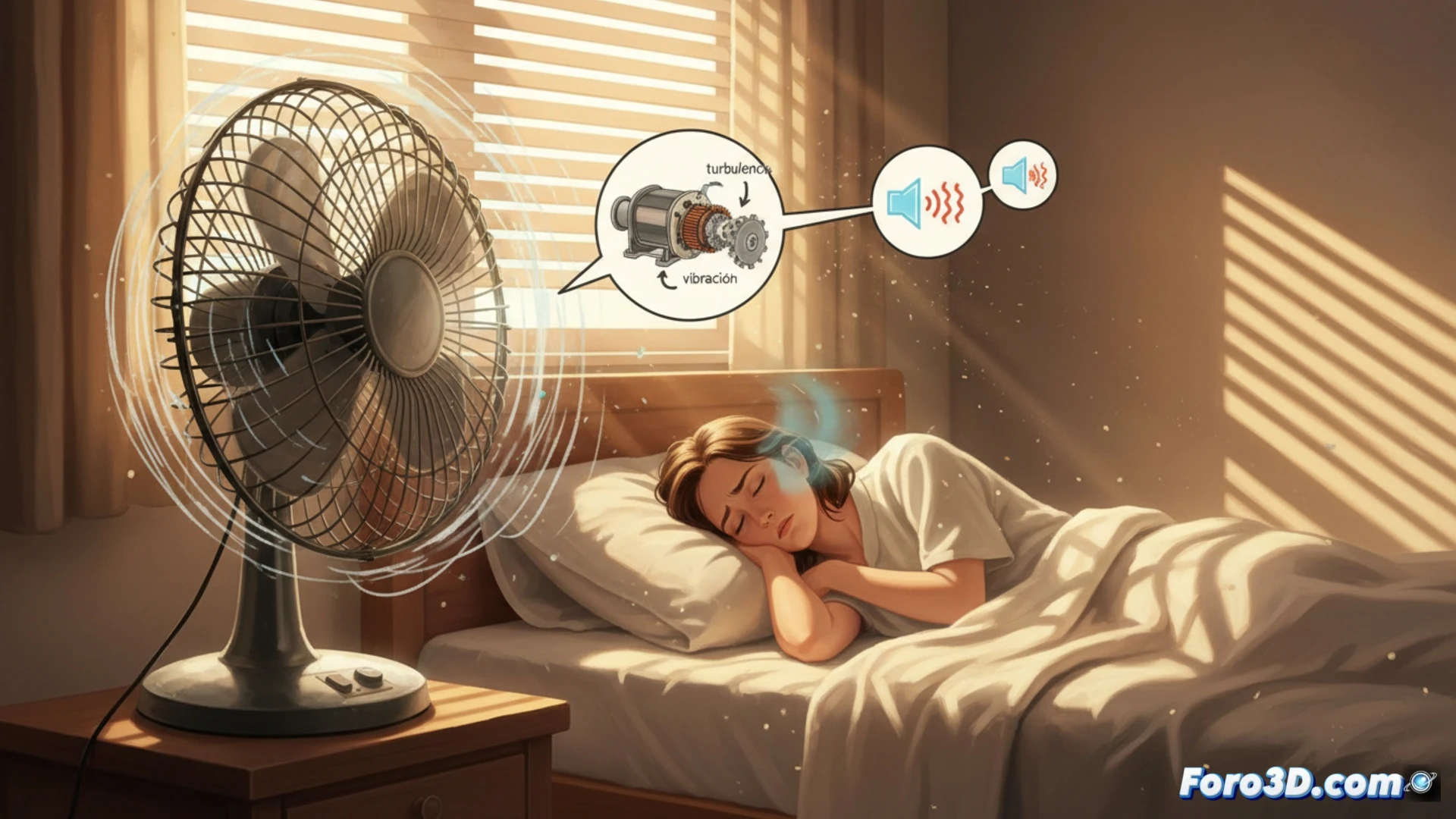 Bedroom ceiling fan rotating at high speed, dust particles trapped in turbulent airflow around blade tips, thermal camera overlay showing hot air pooling near the motor while cool air barely reaches the bed, oscillating mechanism vibrating against the ceiling mount, loose screws highlighted with red stress markers, sound wave visualization in orange and yellow radiating from motor housing, cinematic engineering visualization, photorealistic technical illustration, low afternoon sunlight streaming through window blinds, dramatic shadows emphasizing mechanical imbalance, ultra-detailed fan blades with slight wobble, thermal gradient from motor to blade edges