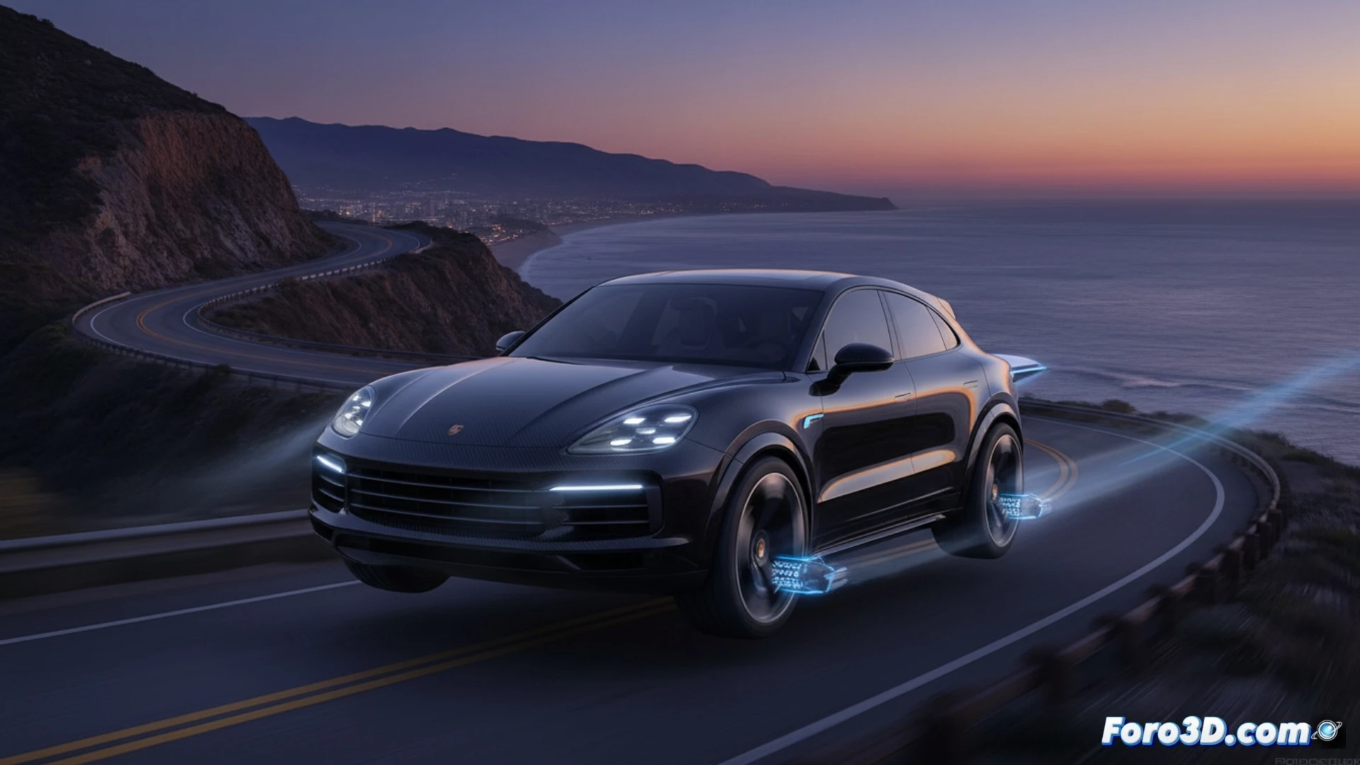 Porsche Cayenne Coupe Electric 2026 SUV en túnel de viento, flujo de aire aerodinámico azul brillante envolviendo la carrocería mientras el alerón trasero emergente se despliega activamente, parrilla inferior activa abriéndose para canalizar aire hacia la batería, plástico acordeón del parachoques trasero visible deformándose bajo presión aerodinámica, simulacro CFD con líneas de corriente trazando trayectorias sobre la silueta voluminosa, ingenieros analizando datos en pantallas holográficas al fondo, iluminación dramática de estudio técnico, render fotorrealista de alta precisión con detalles metálicos y reflejos especulares