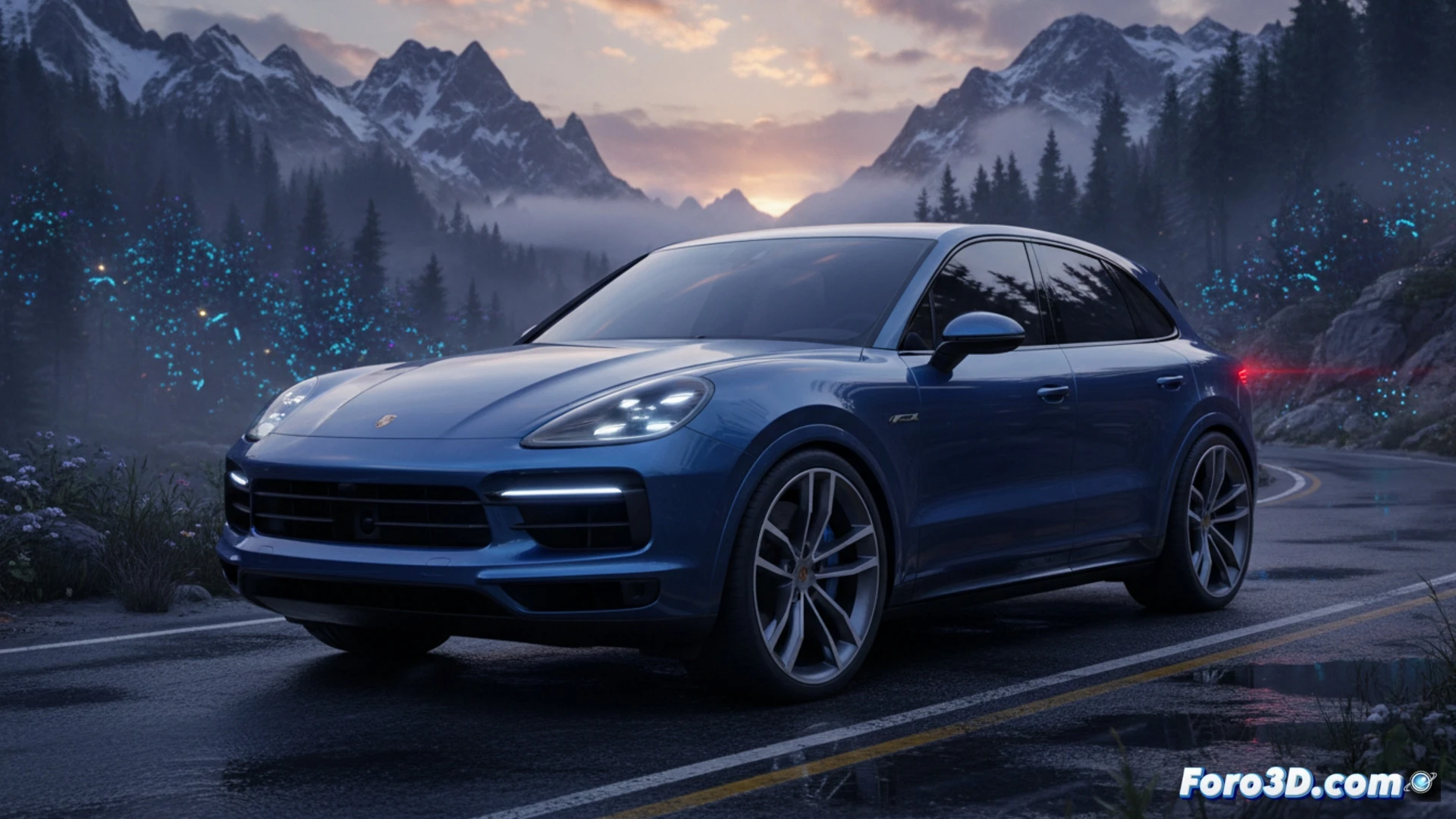 Porsche Cayenne Electric SUV acelerando en una autopista nocturna, faros Matrix LED iluminando el asfalto mojado, llantas de 22 pulgadas girando con efecto de movimiento, flujos de aire aerodinámicos azules y rojos rodeando la carrocería mientras partículas de agua son desviadas por los difusores traseros, suspensión activa comprimiéndose durante una curva cerrada, batería de alto voltaje visible en un corte transparente del chasis mostrando cables naranjas y celdas refrigeradas por líquido, cinematic engineering visualization, hyperrealistic metallic reflections, dramatic studio lighting with blue and orange accents, ultra-detailed brake calipers glowing red, motion blur en ruedas y entorno, photorealistic technical render