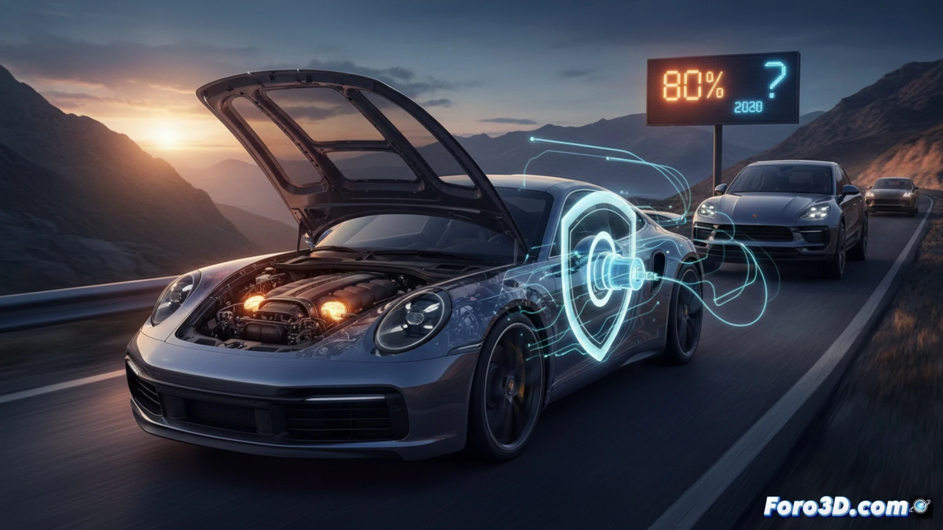 Porsche SUV chassis suspended mid-air on hydraulic lifts, engineers in cleanroom suits examining a hybrid powertrain module with glowing coolant lines and exposed wiring harnesses, a thermal engine block partially disassembled next to a high-voltage battery pack, digital schematics projected on workshop monitors showing combustion and electric drivetrain diagrams, cinematic engineering visualization, metallic surfaces reflecting harsh overhead LED lights, tools arranged on magnetic trays, motion blur on rotating engine components, photorealistic technical render, industrial workshop atmosphere