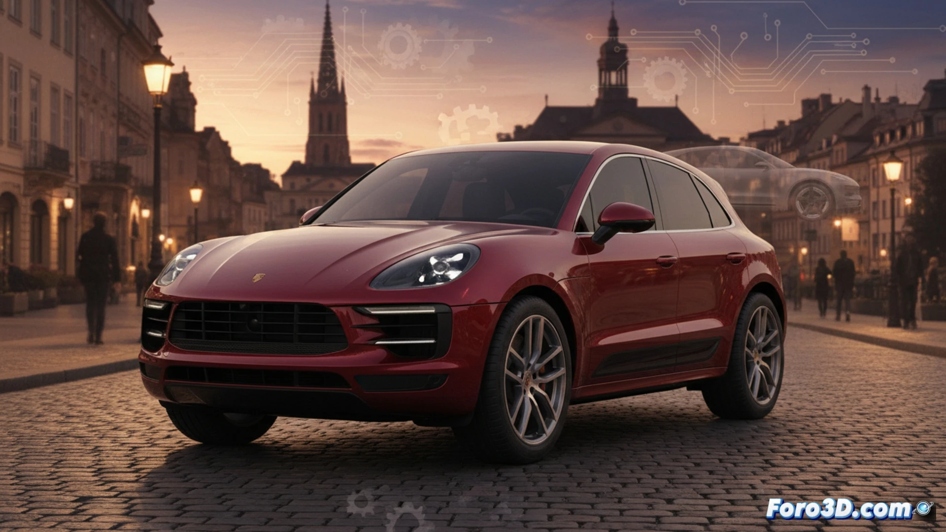 Descripción detallada (80-120 caracteres): Un Porsche Macan rojo, modelo de combustión, estacionado frente a la fábrica de Leipzig, con un cartel de 'Fin de producción 2026' y un Macan eléctrico azul brillando al fondo.