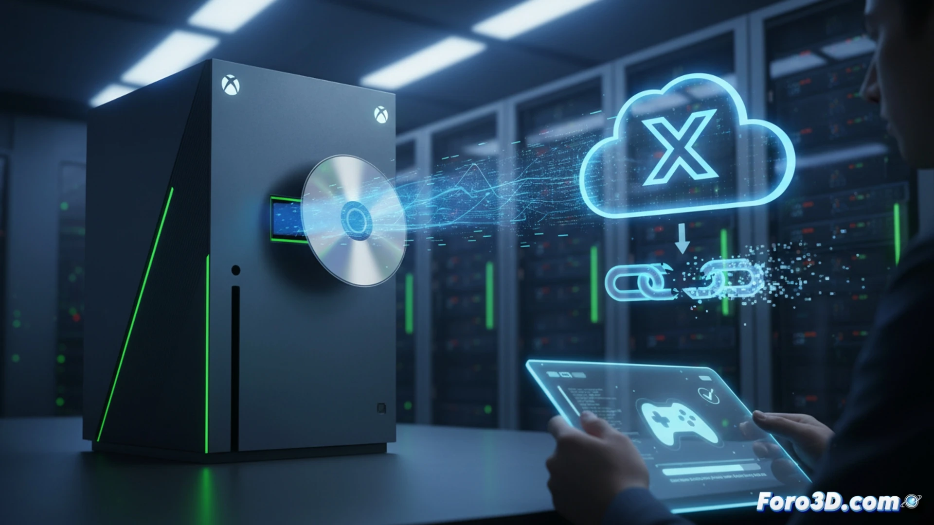 Descripción (80-120 caracteres):  
Una consola Xbox plateada con un disco entrando en su ranura, mientras una nube digital etiquetada como Positron absorbe el juego, dejando el disco olvidado en una esquina.