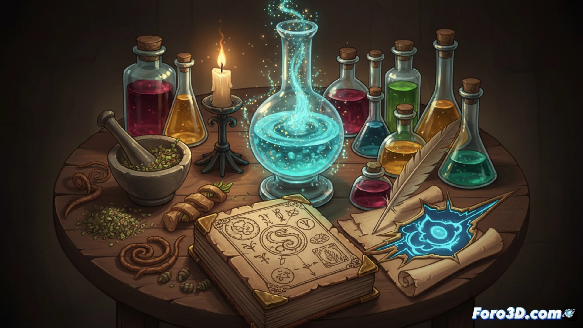Manuscrito medieval con tintero y pluma sobre mesa de alquimia, estética de juego Potion Craft en Unity