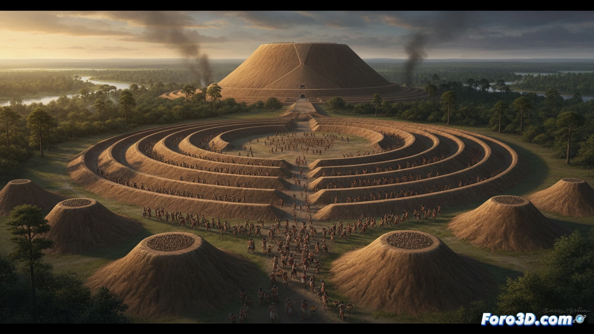 ancient hunter-gatherers moving massive earth mounds in prehistoric Louisiana, workers using woven baskets and wooden levers to transport clay soil, geometric mound complex under construction, six concentric ridges forming a giant semicircle, bird-shaped mound with raised wings in background, wooden scaffolding on partially built structures, barefoot workers in deerskin clothing, sweat on skin under harsh sun, dense forest edge in distance, cinematic aerial perspective, golden hour lighting casting long shadows, photorealistic archaeological visualization, dramatic scale showing humans as tiny figures against vast earthworks, realistic soil textures and erosion patterns, ultra-detailed ancient construction techniques