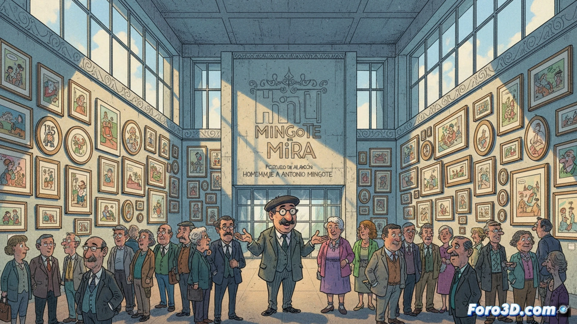 exhibition hall interior with 135 framed original Mingote drawings displayed on white walls, visitors observing ink sketches showing social satire from early cartoons to recent works, curator gesturing toward a large detailed illustration while holding a magnifying glass, technical drawing tools like pens and ink bottles on a pedestal, cinematic gallery lighting with spotlights creating dramatic shadows, photorealistic architectural render, polished wooden floor reflecting warm light, framed artworks showing diverse styles from simple line art to complex shadow work, elegant museum atmosphere