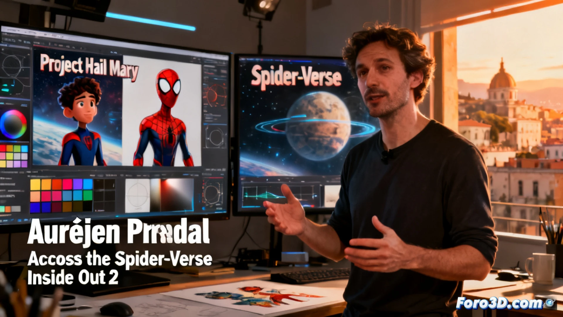 Aurélien Predal en Comicon Napoli 2026, con bocetos de Project Hail Mary y Spider-Verse en pantalla, luces de colores y micrófono.