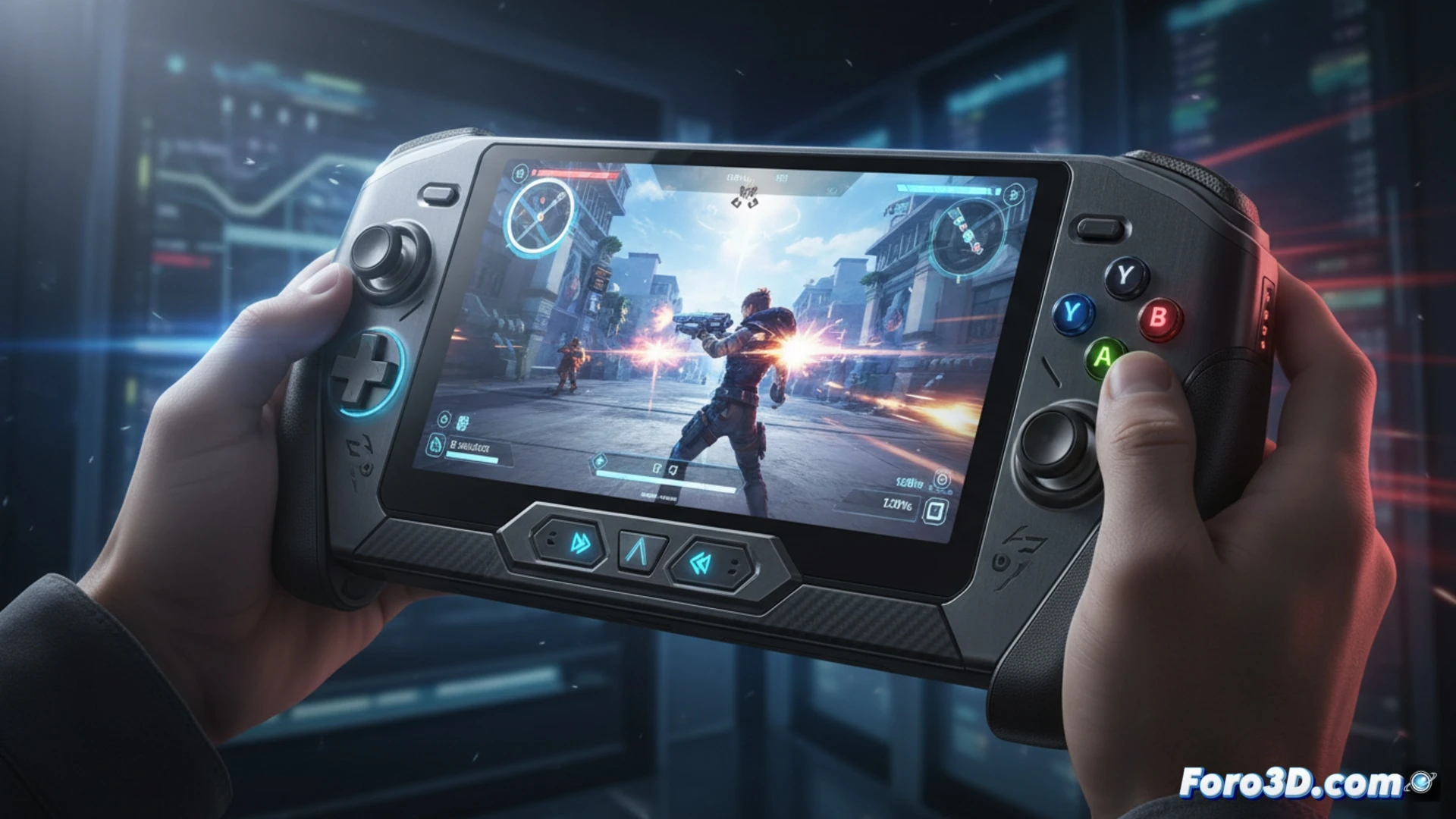 gaming handheld device with 8-inch 120Hz display running a demanding racing game, side-by-side comparison with a desktop PC showing the console matching its performance, Intel Arc B390 GPU cooling system visible through transparent back panel, glowing blue airflow patterns across the heatsink, hands gripping the controller during intense gameplay, cinematic product photography, dark studio lighting with neon accent lights, reflective screen surface showing detailed game graphics, metallic chassis with subtle Predator logo emboss, photorealistic technical visualization