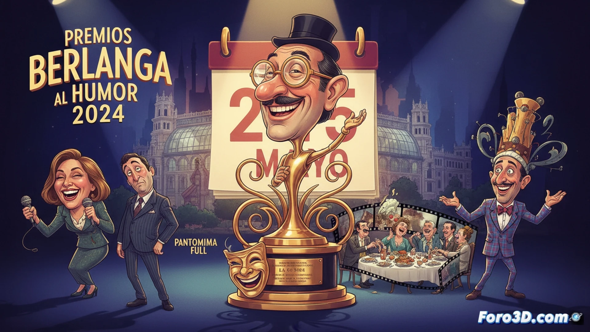 Un escenario iluminado con el logo de los Premios Berlanga 2024, sobre un fondo rojo con micrófonos y focos. En primer plano, siluetas de Eva Hache, Pantomima Full y Joaquín Reyes sonriendo, junto a un cartel de la película 'La cena'.