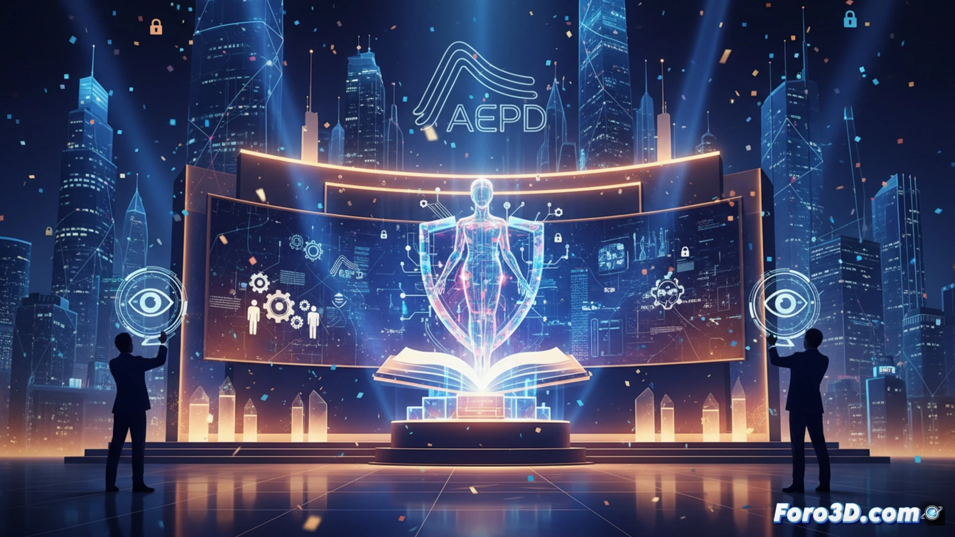 digital privacy award ceremony scene, a glowing transparent data shield icon being handed over by a robotic arm to a human hand, holographic GDPR compliance checklist floating in midair, server racks with blue LED indicators in background, encrypted data streams visualized as flowing golden particles between devices, photorealistic technical illustration, cinematic lighting with soft blue and white tones, polished metallic surfaces, shallow depth of field focusing on the handshake, subtle lens flare from holograms, ultra-detailed circuit board textures, professional corporate atmosphere