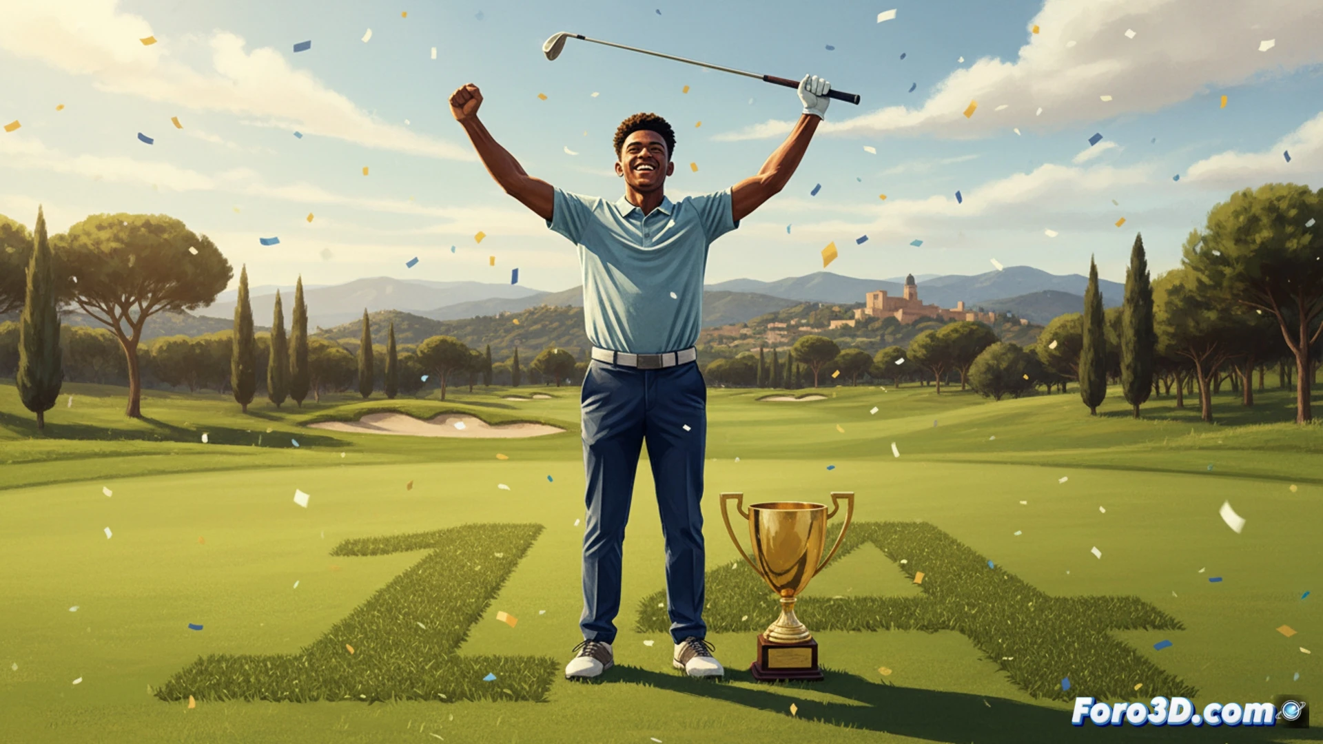 Golfista sudafricano Recital Premlall celebra con el puño en alto tras su aplastante victoria en Catalunya, con 14 golpes de ventaja.