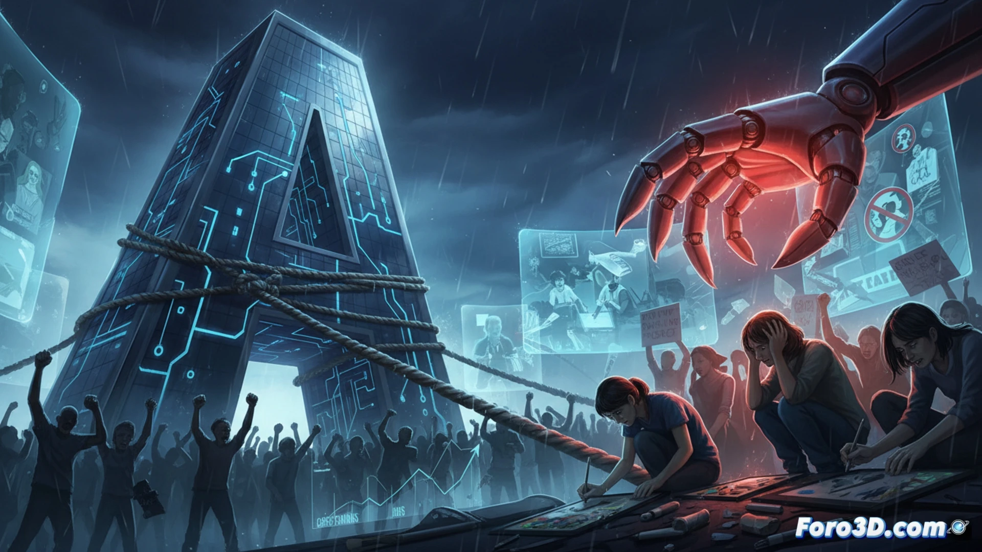 photorealistic wide shot of a digital artist holding a stylus, frozen mid-stroke before a glowing workstation, AI-generated hand icons replacing human fingers on the tablet screen, while behind the artist a massive Amazon logo cracks and recedes under a wave of protest signs held by blurred silhouettes, technical illustration style, broken chains of code dangling from server racks, dramatic contrast between warm human skin tones and cold blue holographic interfaces, cinematic lighting with dust particles floating in a beam of light, ultra-detailed textures of graphite pencils scattered on desk, motion blur on fading robotic arms retreating into darkness