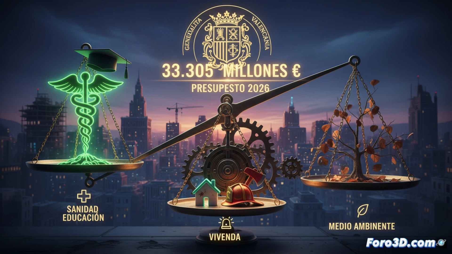 photorealistic technical illustration of a balanced scale with two sides, left side showing a glowing hospital building and stacked books representing healthcare and education budgets, right side showing a shrinking emergency vehicle and a collapsing house representing budget cuts, a large padlock icon chained to a growing stack of coins labeled debt, dramatic cinematic lighting contrasting warm gold on left and cold blue-grey on right, ultra-detailed financial documents and blueprints scattered around the base, precise architectural visualization style, sharp focus on the imbalance between sectors, no text or numbers visible