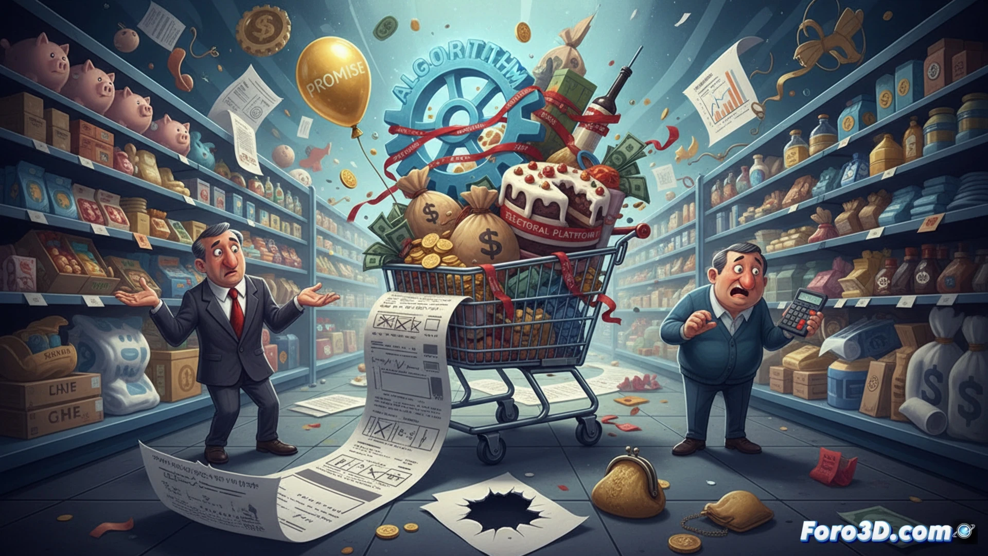 Photorealistic technical illustration of a chaotic supermarket checkout counter morphing into a government budget spreadsheet, overflowing receipts and torn promissory notes spilling onto a keyboard, a calculator displaying negative numbers while algorithm flowcharts and pie charts flicker on a monitor behind, robotic arms scanning items with red error lights, dramatic overhead lighting casting long shadows, hyperdetailed paper textures and metallic components, cinematic wide shot showing the process of miscalculation and broken promises