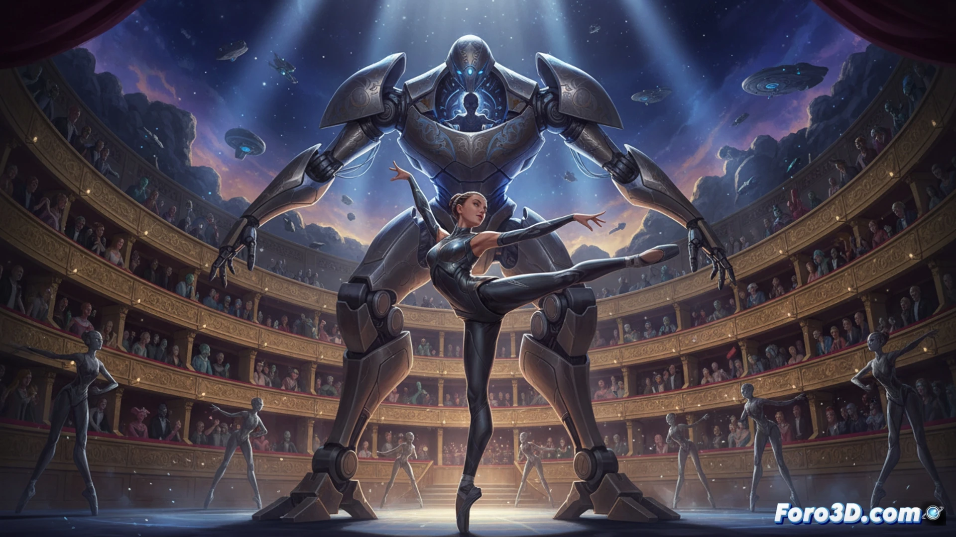 Celestial ballet academy interior, young ballerina pilot in white leotard with mechanical limb joints, mid-pirouette inside a translucent mecha cockpit, holographic control panels floating around her, mecha arm extending gracefully while firing a glowing energy ribbon, classroom setting with floating training platforms and starfield beyond, cinematic sci-fi visualization, soft blue and pink lighting, motion blur on spinning tutu, mecha servos and hydraulic cables visible, photorealistic technical render, dramatic stage-like spotlights, polished metallic surfaces reflecting nebula colors