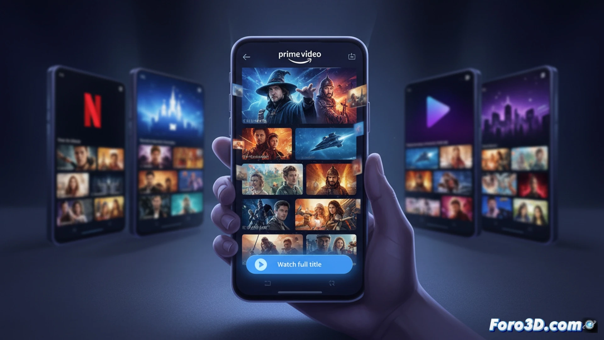 Pantalla de Prime Video con feed vertical de clips de series y películas, botón 'Ver título completo' y avatar de usuario.