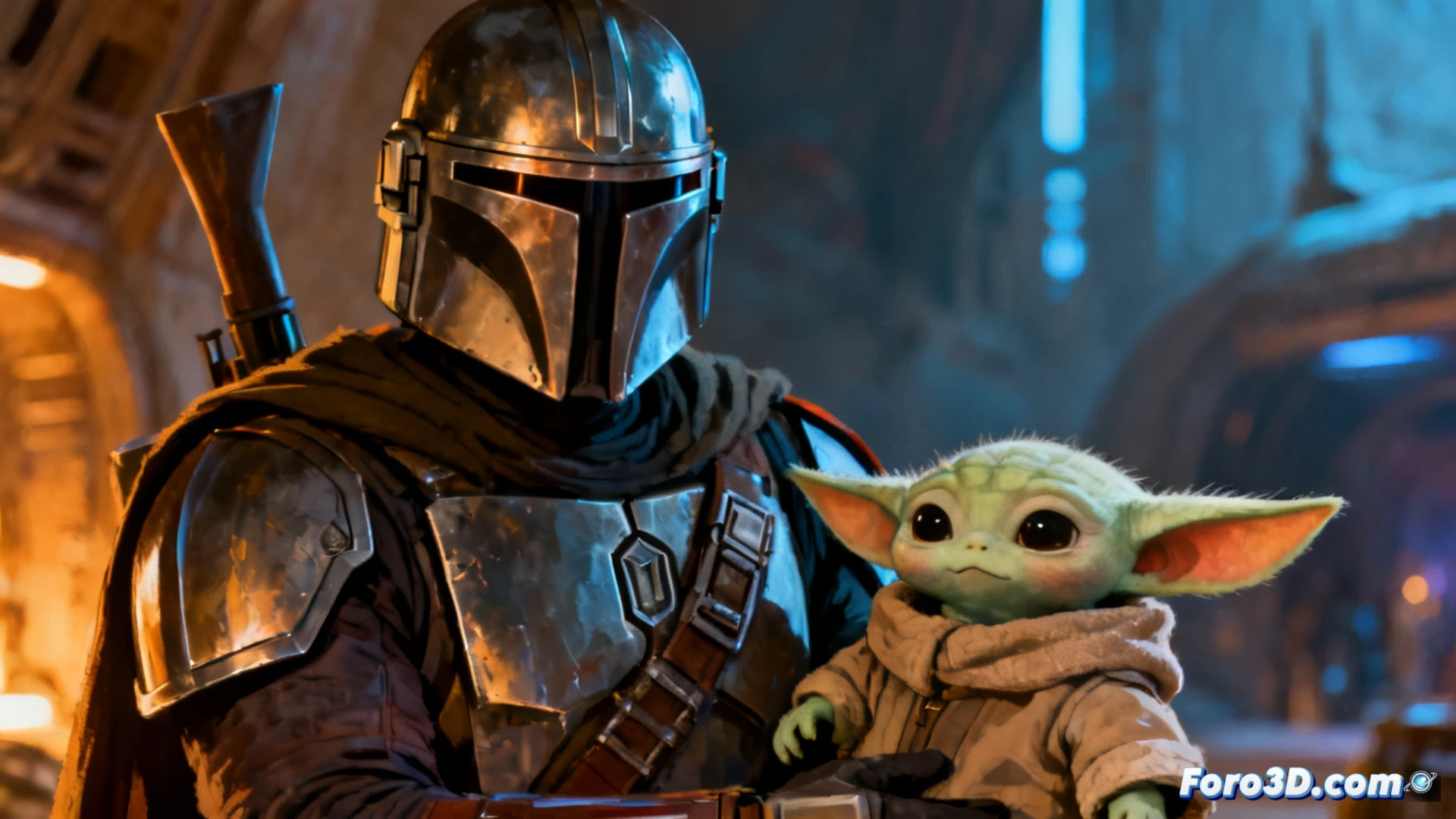 Plaza de Callao abarrotada; pantalla gigante muestra a The Mandalorian y Grogu; Jon Favreau sonríe ante el público.